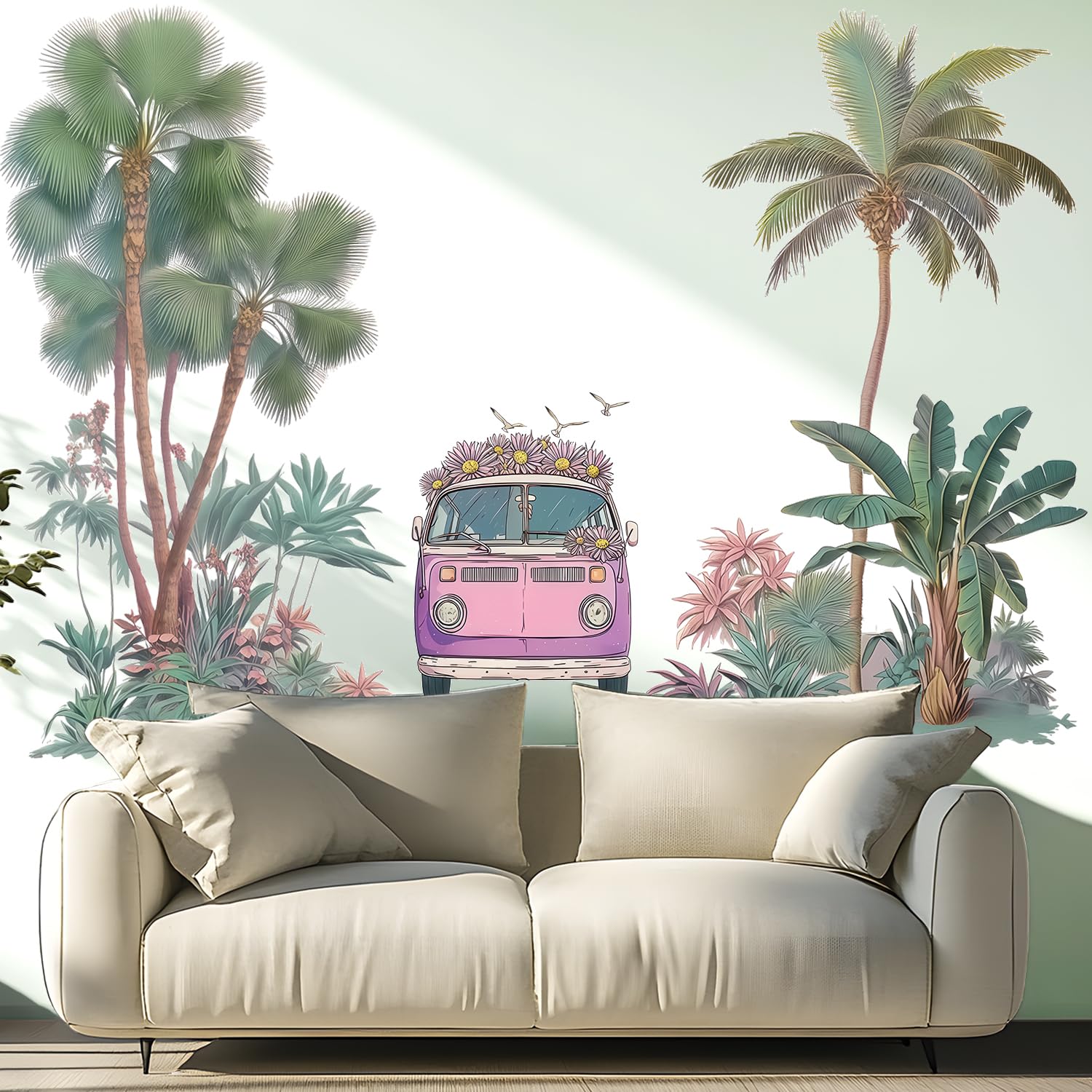 Vepret Green Retro Car Flowers Wall Decals Peel And Stick, Large Tropical Plants Palm Trees Wall Stickers & Murals, Removable Home Decor Art For Bedroom Living Room Classroom Office
