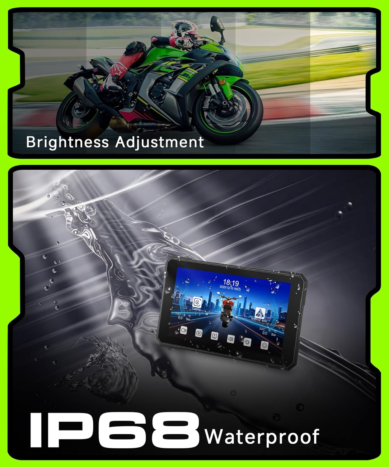 Motorcycle CarPlay Screen 5 Inch Wireless Carplay Android Auto for Motorbike with Removable Bracket 1080P Double Camera, IP68 Waterproof Touchscreen, Supports GPS Navigation