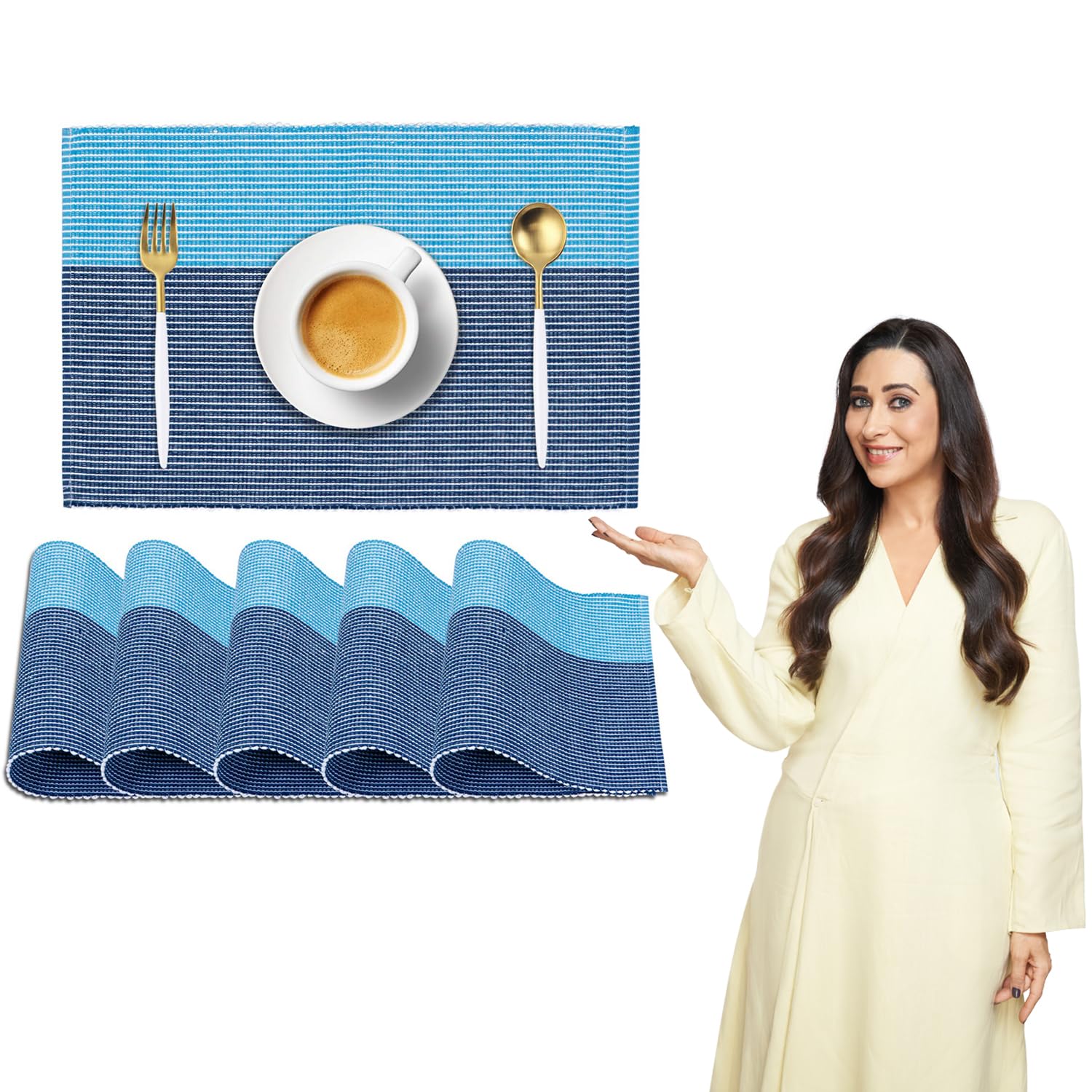 HOKIPO Blue Ribbed Placemats & Table Runner -26