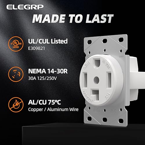 Miniatura 9 de ELEGRP Receptáculo de alimentación de montaje empotrado blanco de 30 amperios y 250 V, NEMA 6-30R, toma de corriente de hoja recta para
