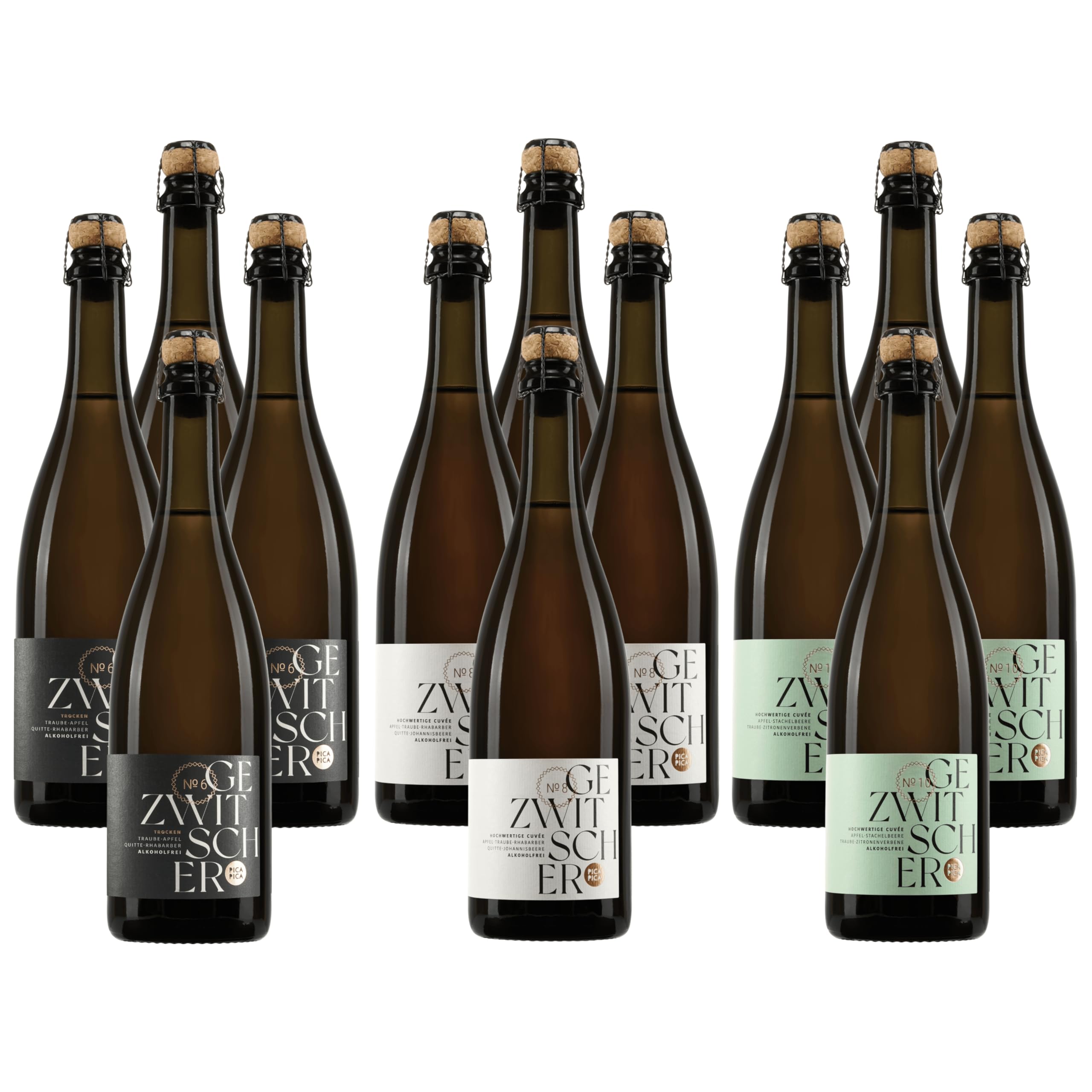 GEZWITSCHER CUVÉE Probierpaket alkoholfrei trocken 12er-Set vegan | feinperlig, vegan, nachhaltig und ideal zum Probieren | mit gratis Sektverschluss | Alkoholfreier Genuss mit vollem Geschmack