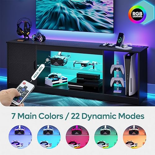 Miniatura 3 de Bestier Soporte de TV con tomas de corriente para dormitorio, soporte de TV para juegos para TV de 65 pulgadas, centro de entretenimiento negro para