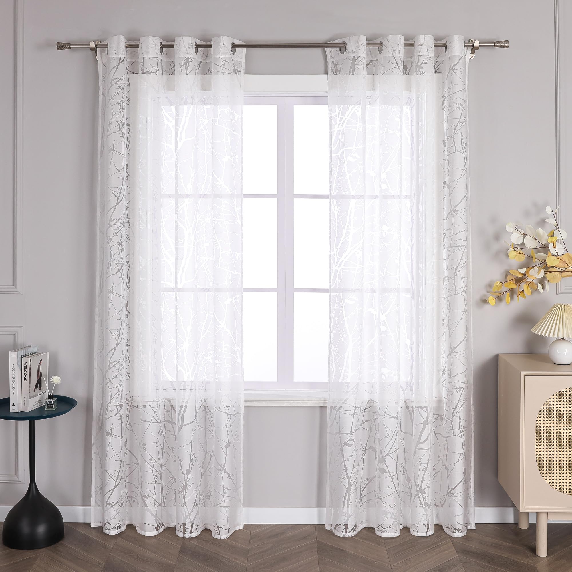 Delien Voile Ausbrenner Gardine mit Äste Muster transparenter Vorhang mit Ösen Wohnzimmer Gardinenschals BxH 140x245cm Weiß 1 St.