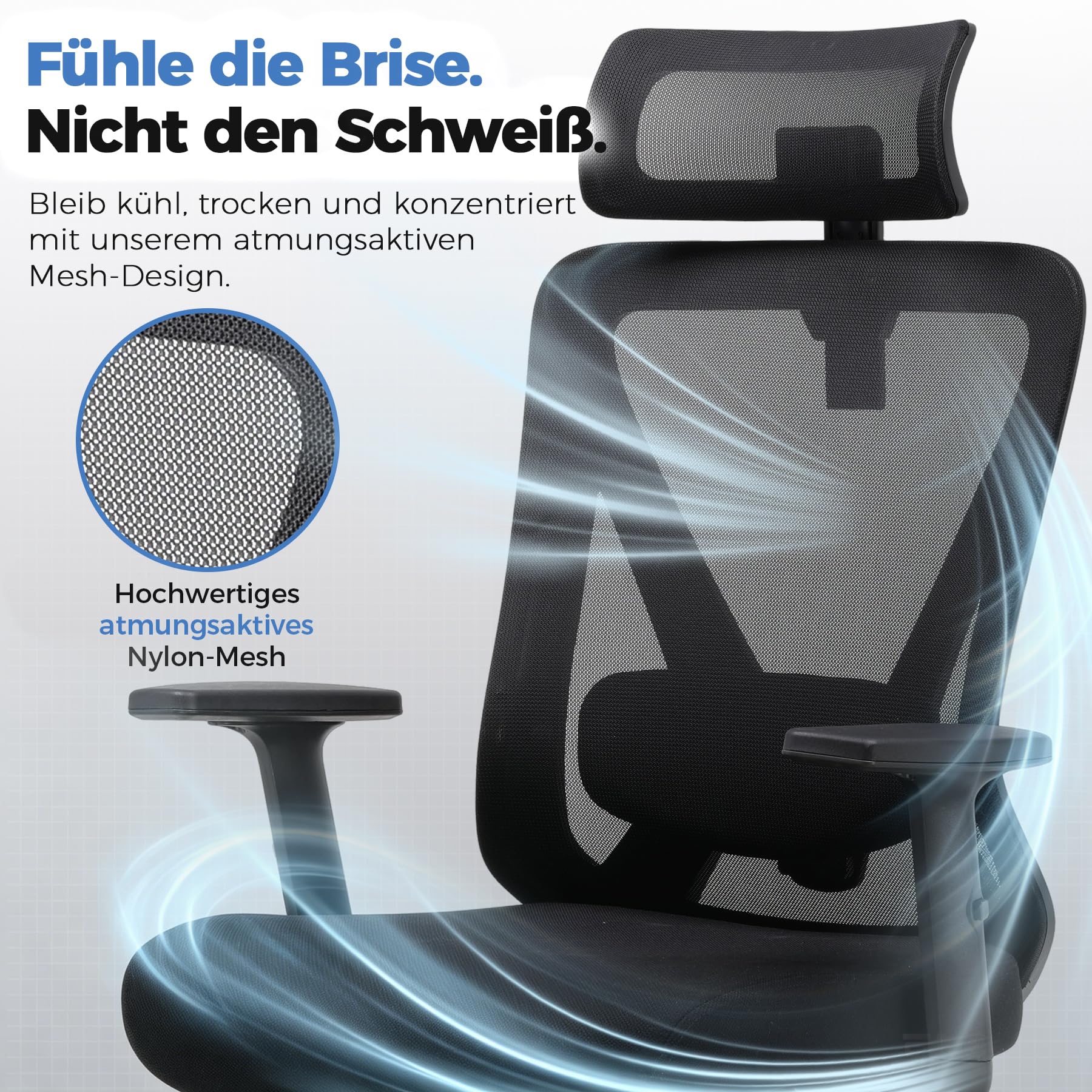GTPLAYER Bürostuhl Ergonomisch [TESTSIEGER], Schreibtischstuhl mit 3D-Lendenwirbelstütze, Verstellbarer Kopfstütze und Armlehnen, Chefsessel Office Chair 150kg Schwarz