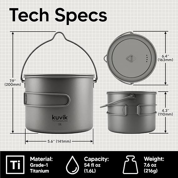 Kuvik 1600ml (54 oz) Titanium Pot with Bail Handle - Ultralight and Compact