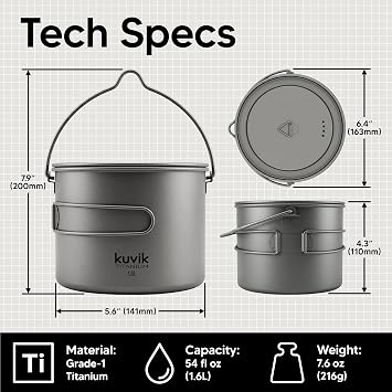Kuvik 1600ml (54 oz) Titanium Pot with Bail Handle - Ultralight and Compact