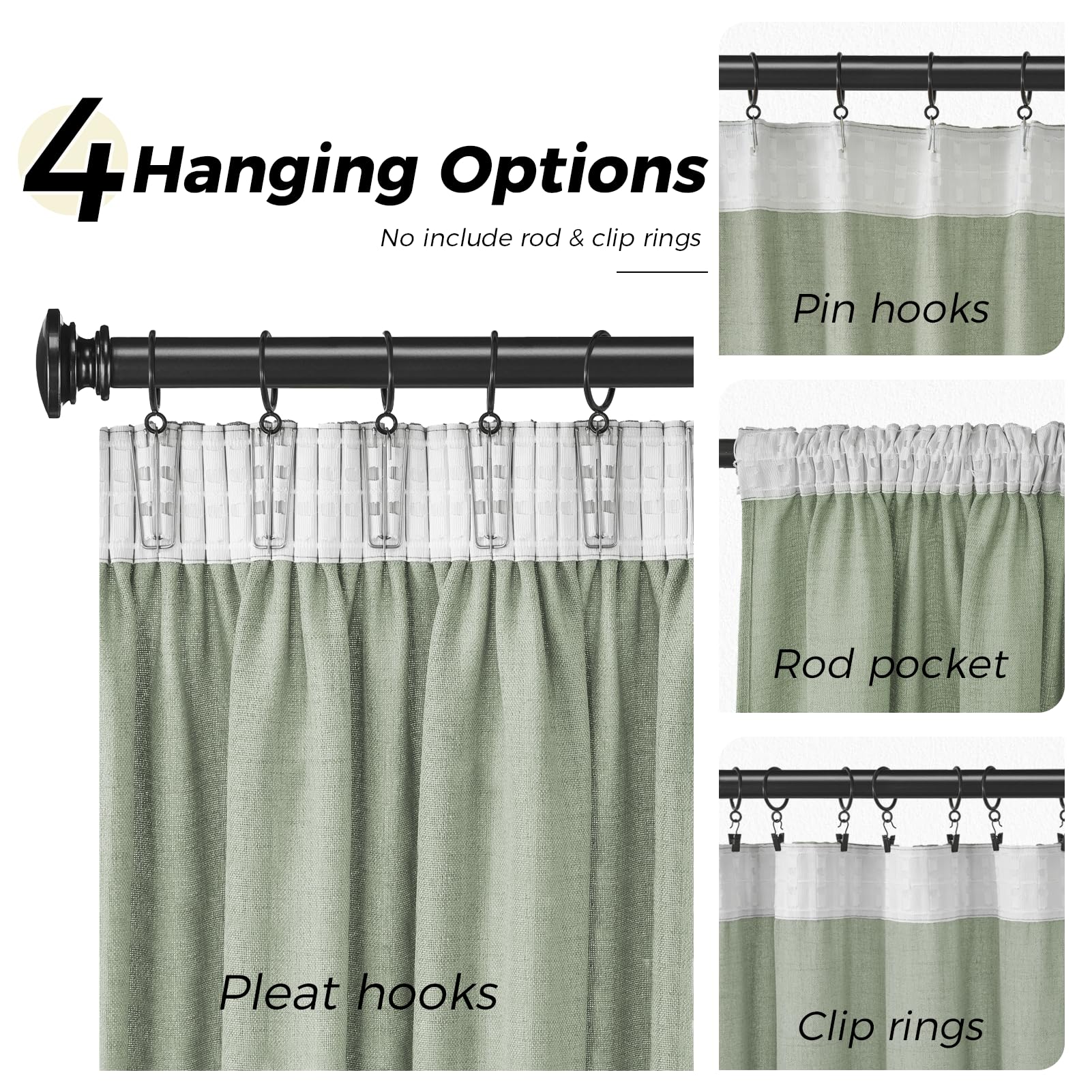 CUTEWIND Tende con nastro arricciato, 220 x 140 cm (altezza x larghezza), effetto lino, per soggiorno, camera da letto, cucina e cameretta dei bambini, colore verde salvia