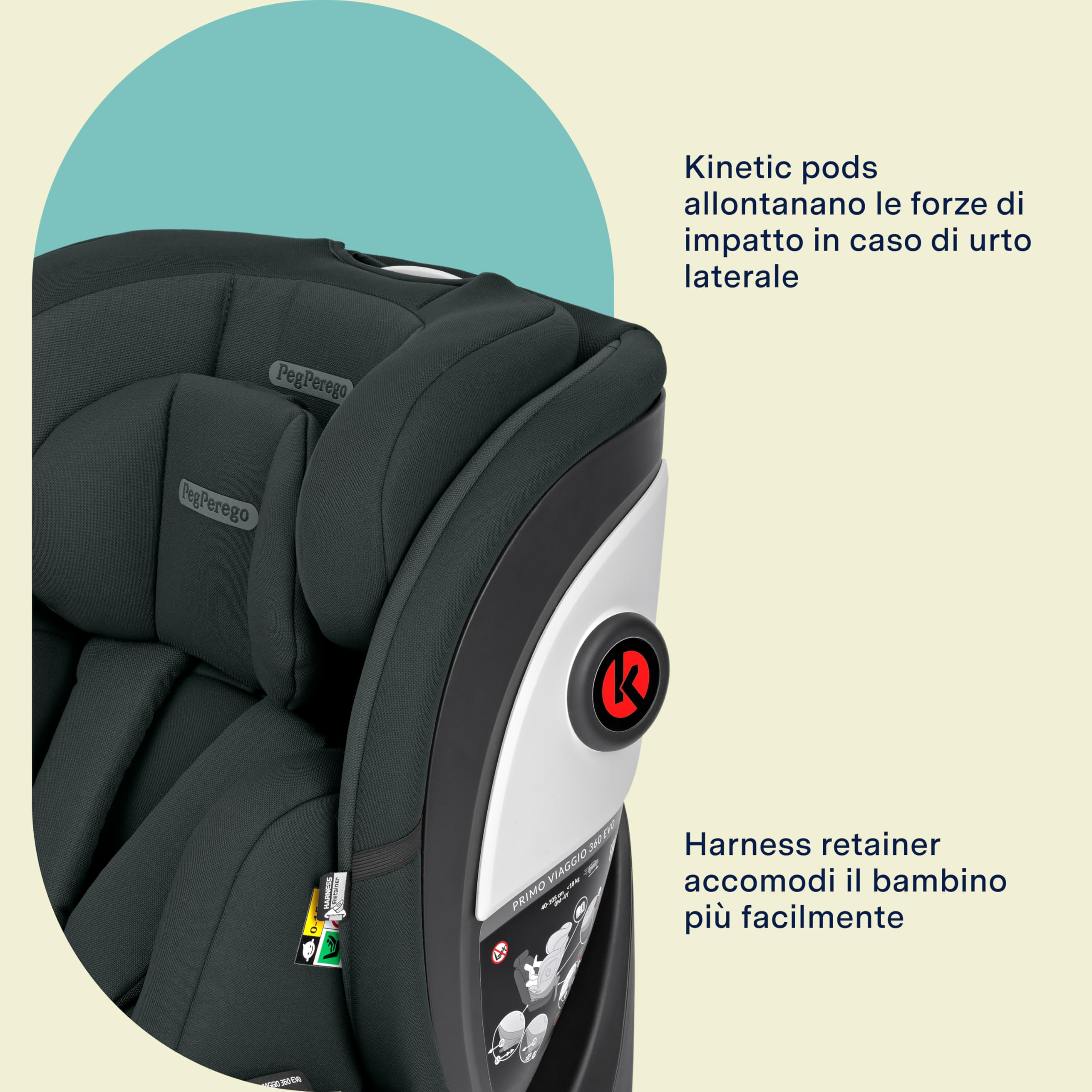 PEG Primo Viaggio 360 EVO Seggiolino Auto Evolutivo All-In-One con ISOFIX, Girevole, Reclinabile, per Bambini dalla nascita a 150 cm (0-12 anni), 0-36 kg, Metal