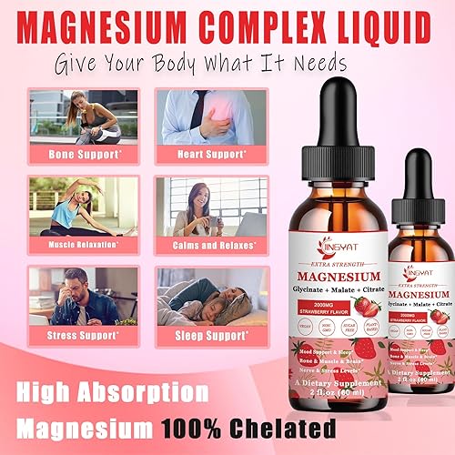 Miniatura 5 de 2000 mg de glicinato de magnesio, malato y citrato, absorción de alta potencia, suplemento líquido de triple complejo de magnesio, con Coq10, zinc,