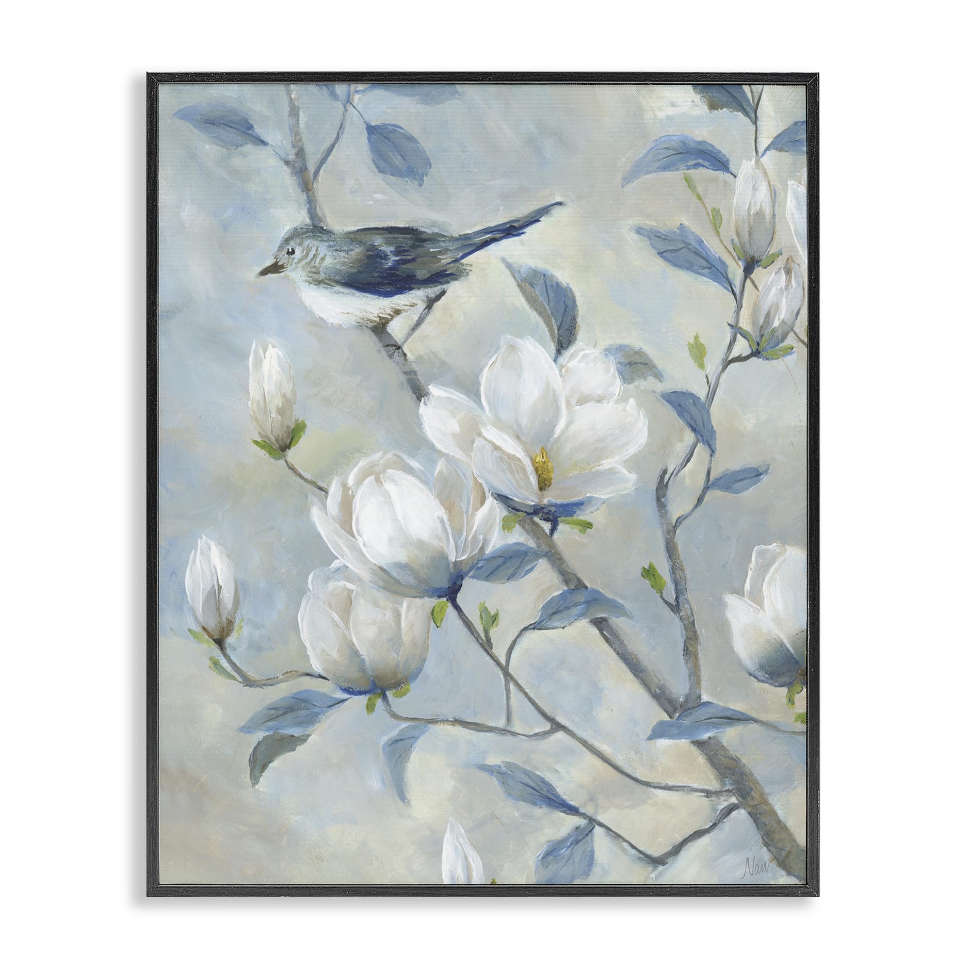 Stupell Industries Midnight Black (Textured) Blue Bird Magnolia Tree, 16 X 20 Inch Framed Giclée Print