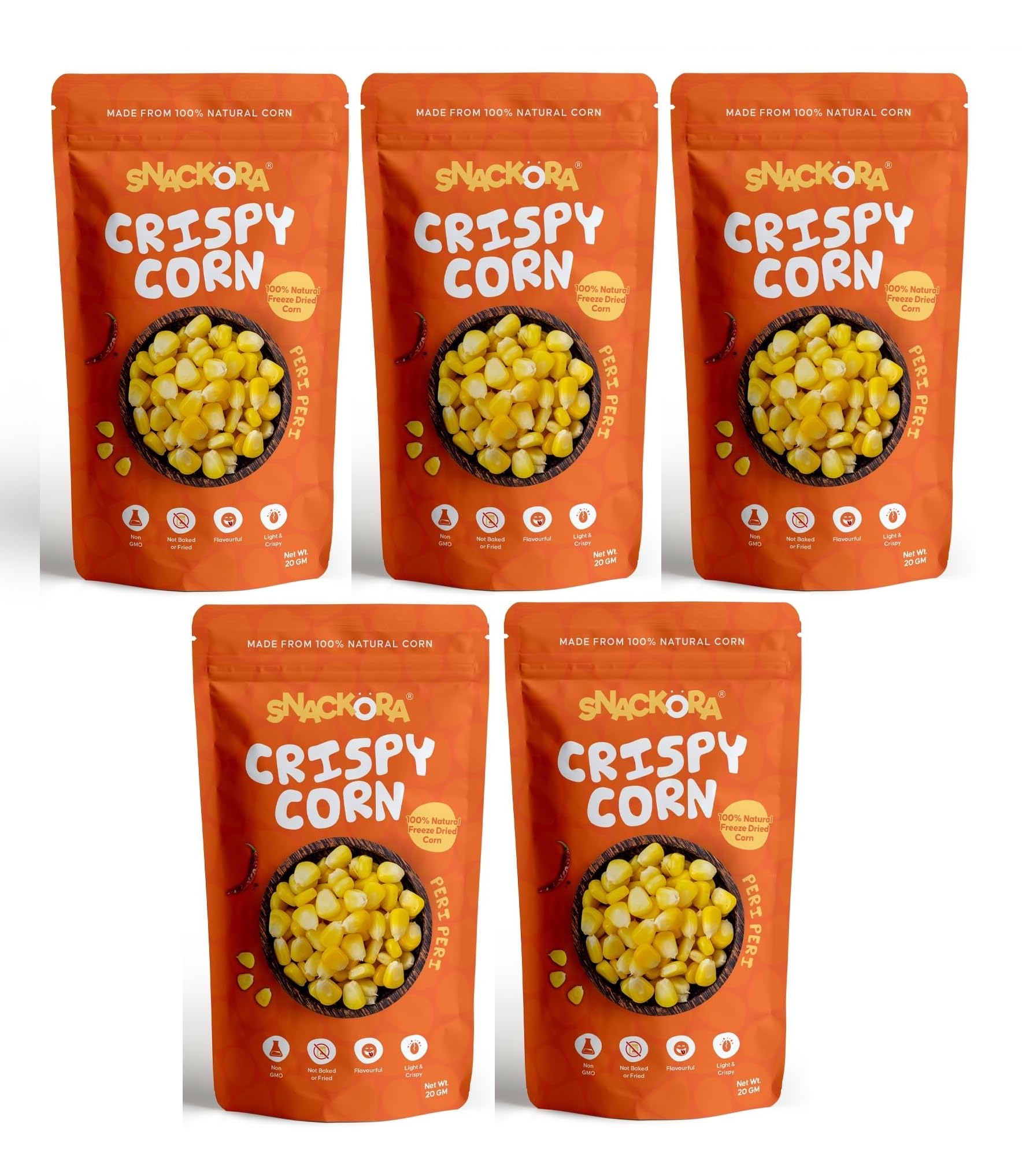 SNACKORA Freeze Dried Crispy Corn 20g Not Baked or Fried | No GMO |No Preservatives | Healthy Snacks | High Protein | Source of Fiber | Gluten-Free | Low Fat | 100% Natural Light & Crispy Corn (Pack of 5, Peri Peri)-image-15