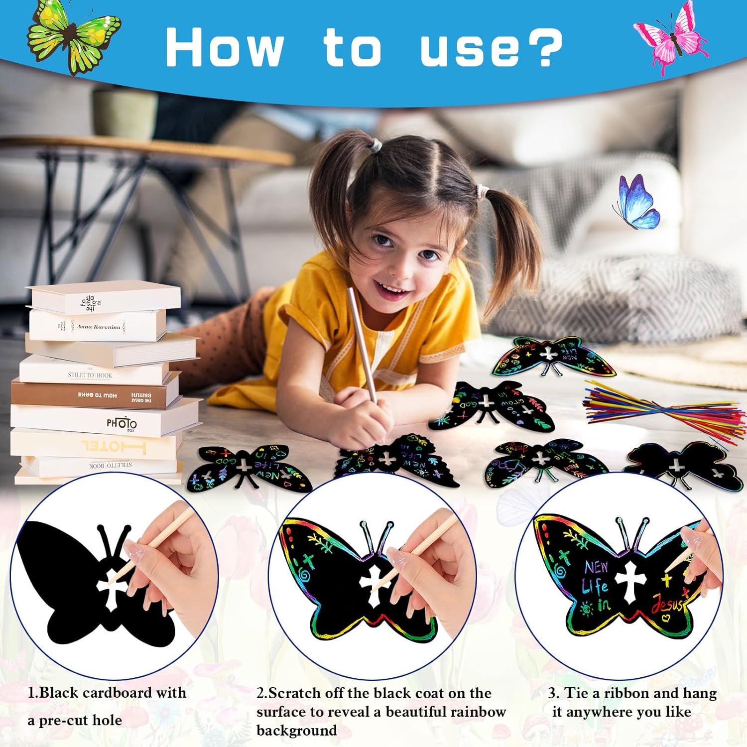 HOWAF 36 Pcs Religion Spring Easter Butterfly Scratch Cards, Cross Butterfly Scratch Art Butterfly Rainbow Scratch Off Hanging Card for Spring Easter Sunday School DIY Crafts Decorations