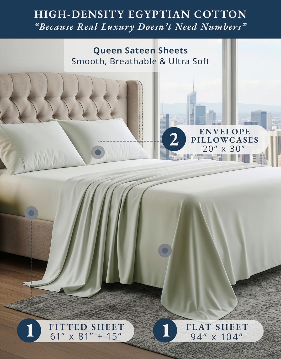 100% Egyptian Cotton Queen Bed Sheet Set – 4 Piece Queen Sheets Set, Breathable & Fade Resistant, Silky Sateen Weave for Winter Comfort, Ultra-Soft Hotel Luxury Bedding with 15" Deep Pocket - Mineral - Image 2