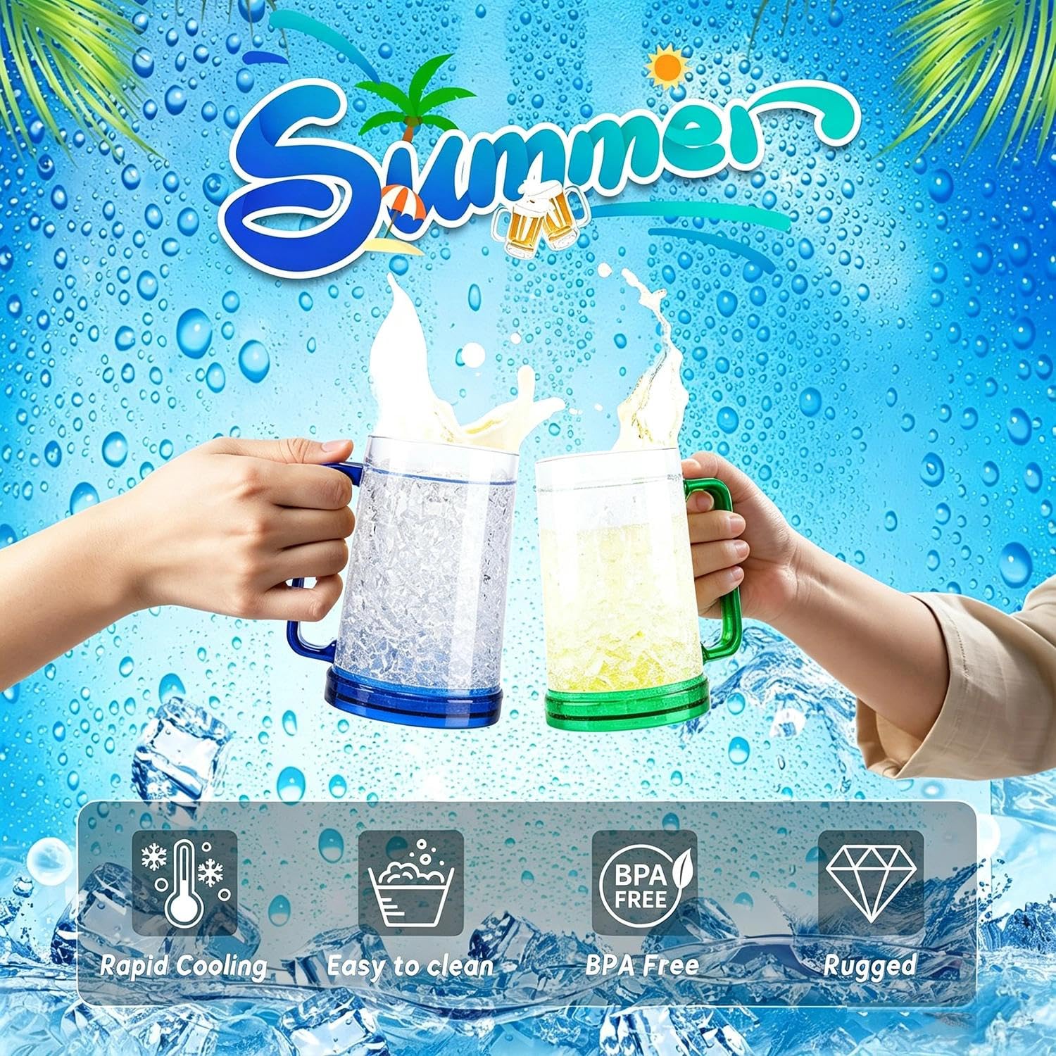 Frozen Beer Mug, 450 ML Doppelwandige Biergläser, Biergläser zum Einfrieren, 10 x 15.5 cm Bierkrug mit Henkel, Bierkrug Kühlend, Kühlbecher (Blau)