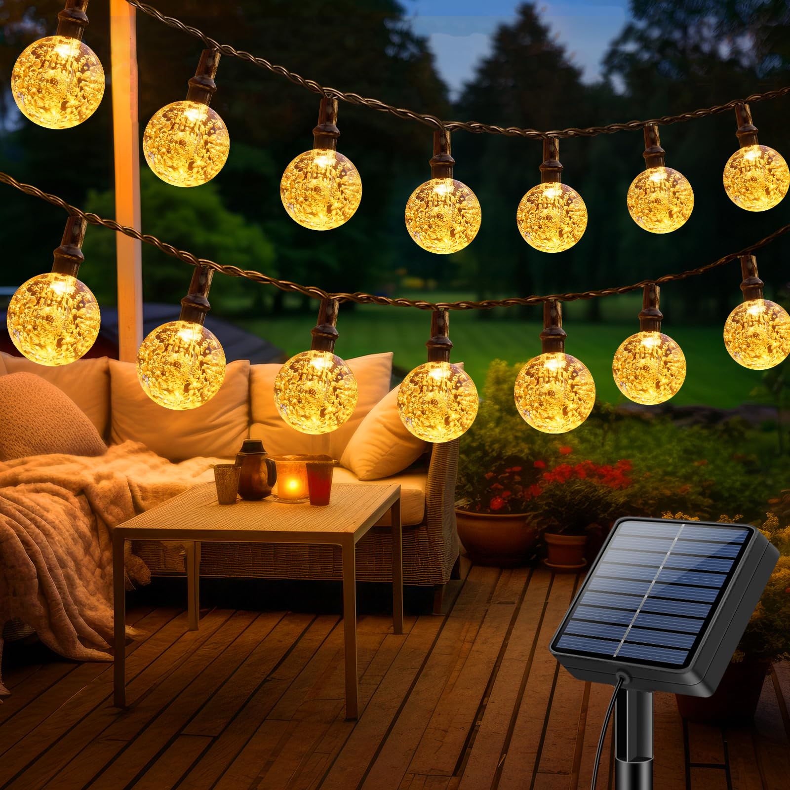 litogo Solar Lichterkette Aussen, 10M LED Lichterkette Außen Solar Wetterfest, 8 Modi Kristall Kugeln, Solarlichterkette Outdoor für Balkon, Garten, Terrasse, Hochzeit, Partys, Warmweiß