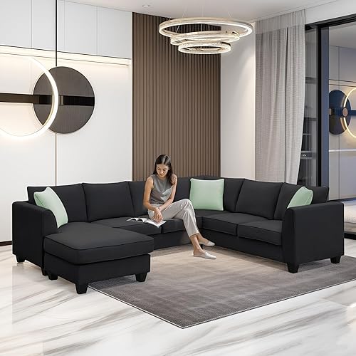 HABITRIO Juego de sofá de 7 asientos para sala de estar, moderno sofá modular grande en forma de U, sofá seccional convertible con otomana y 3
