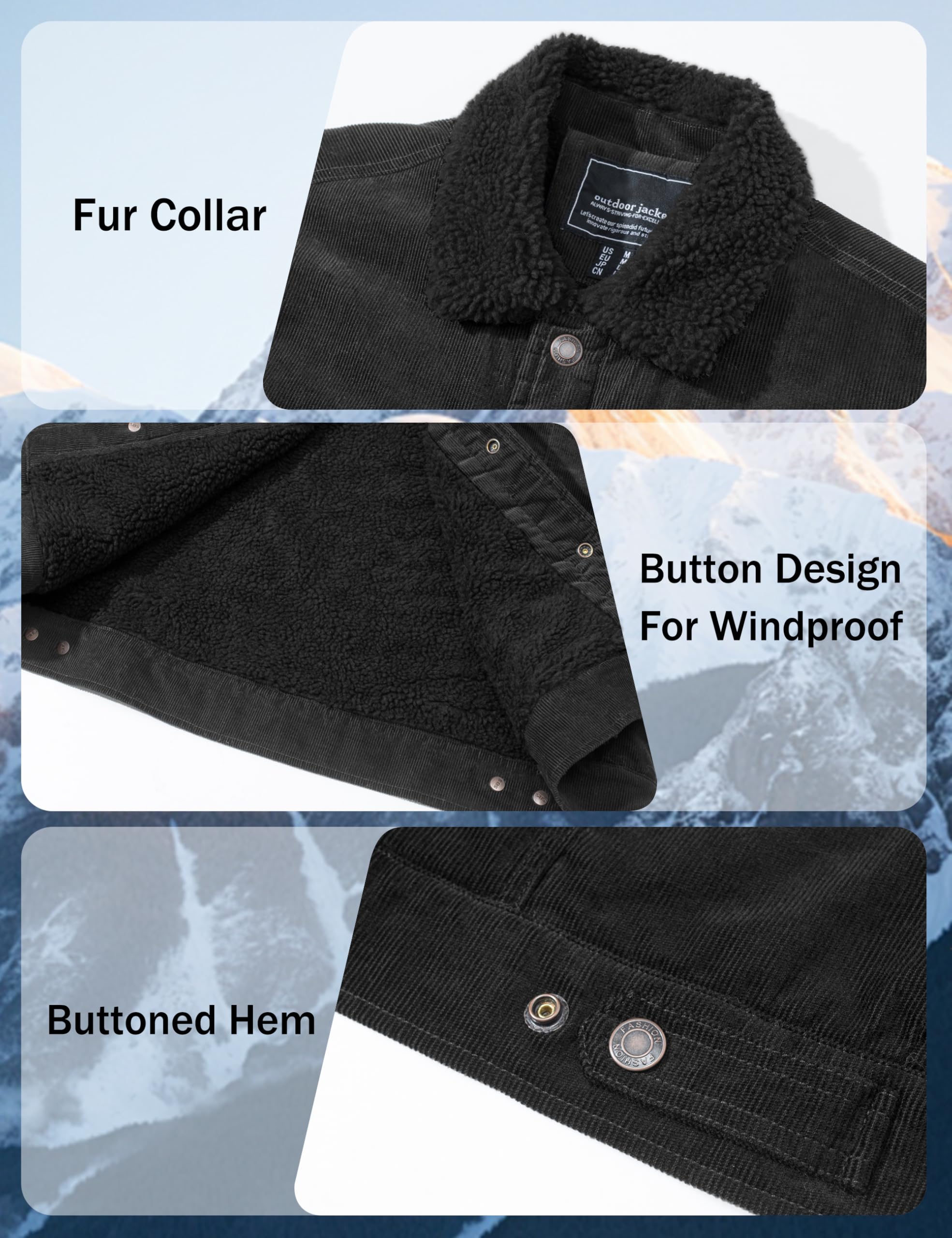 MAGNIVIT Men's Corduroy Fleece Cargo Jacket Winter Snap Button Lapel Sherpa Lined Trucker Cowboy Coat with 5 Pockets