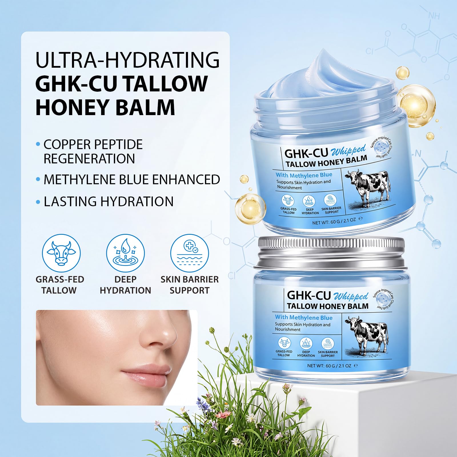 ghk-cu antioxidant Copper Peptides Cream - 2.1oz | MB Grass-Fed Beef Tallow Infused with Manuka Honey | Advanced Face & Body Balm for Mature, Dry & Sensitive Skin Copper Peptide GHK-CU Face Cream