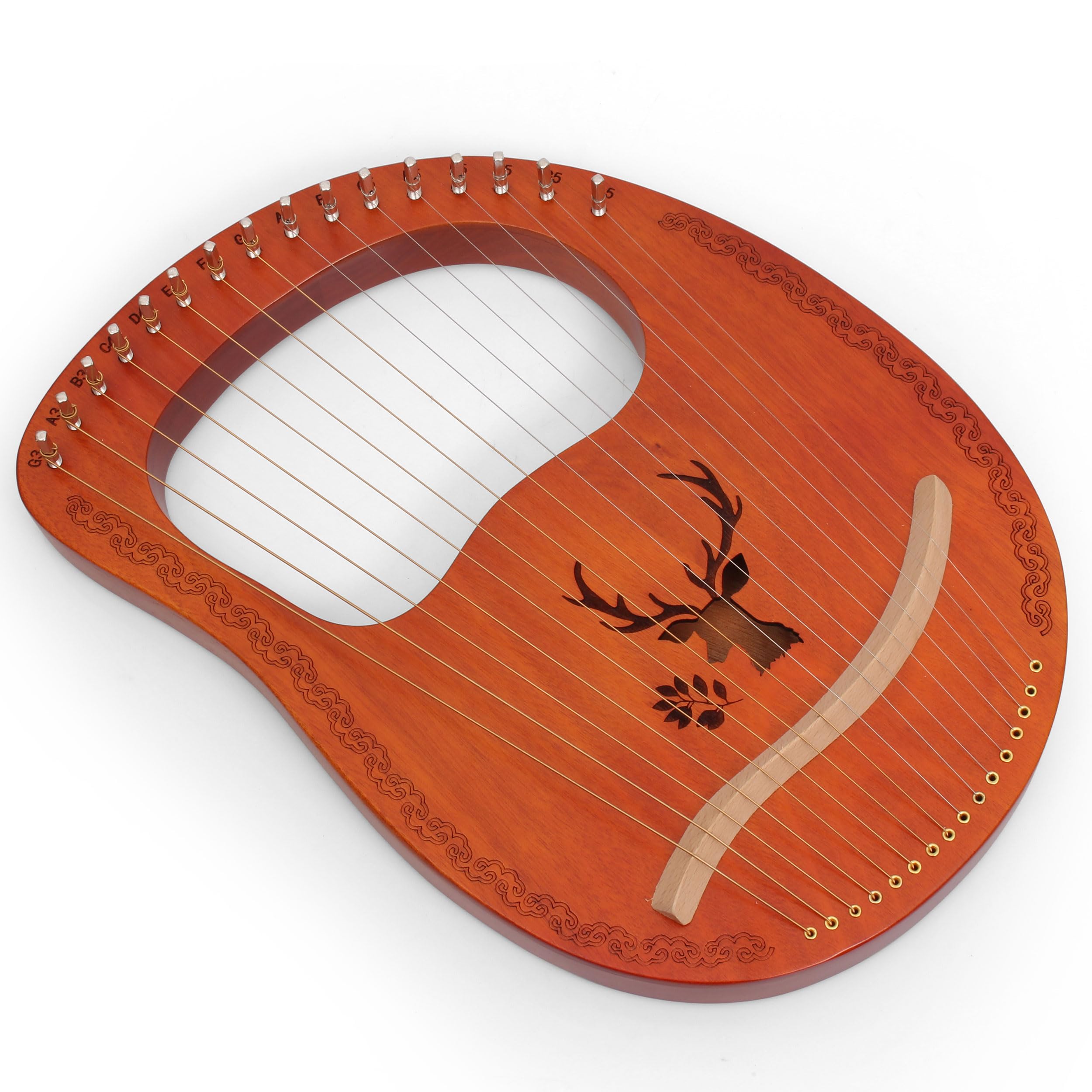 Lyre Harpe 16 Cordes Métalliques en Acajou Petite Harpe Portable Harpe Lyre Métal Selle avec Clé de Réglage et Housse Noire, Marron, Motif d'élan