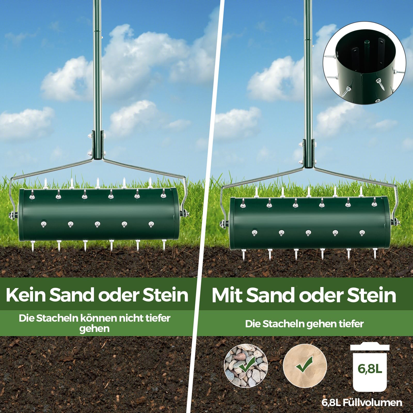 COSTWAY Rasenlüfter Walze manuell, 53 x 130 cm, Rasenrolle mit Stiel & Nägeln, Handvertikutierer rollend, Rasenbelüfter Gartenwalze, Vertikutierer Rasenwalze Garten Hof Rasen, Grün