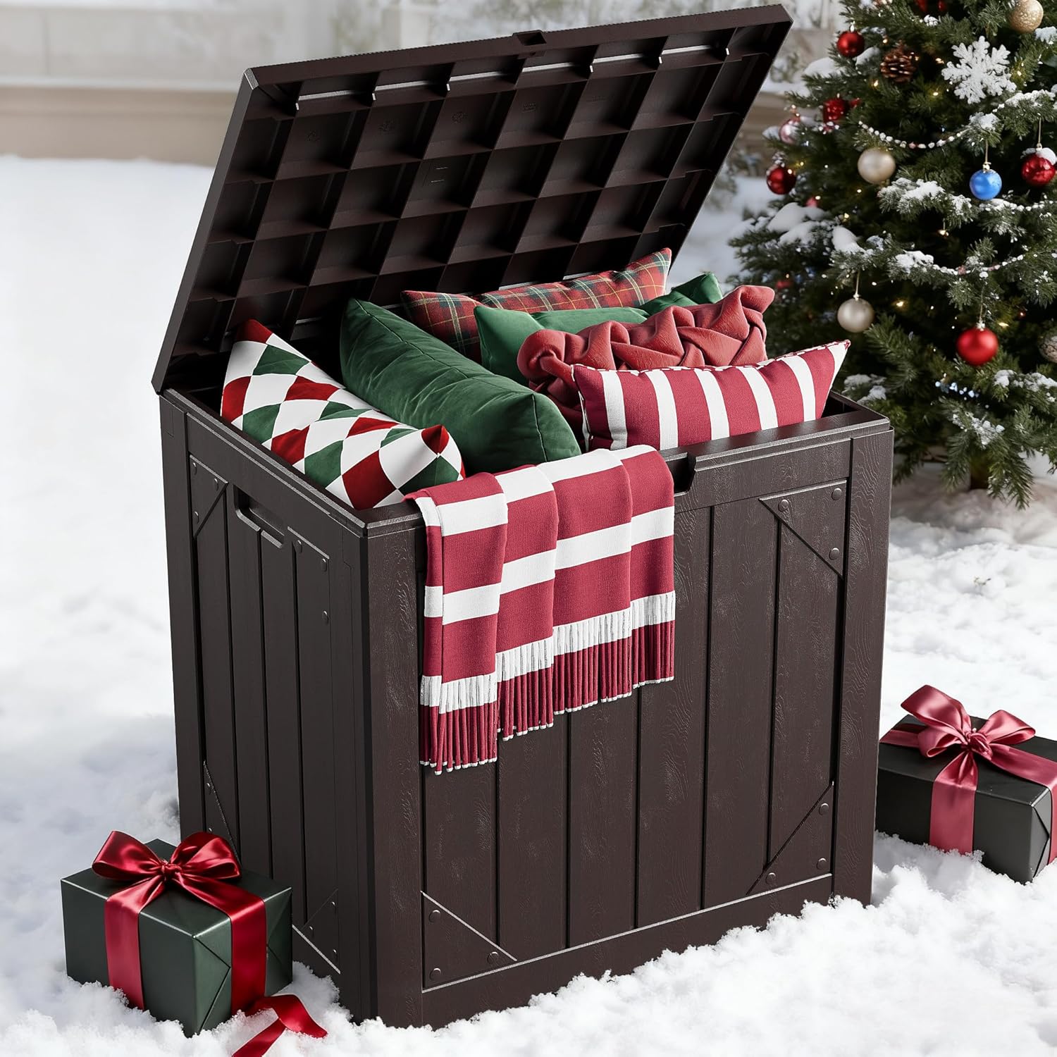 30 Gallon Outdoor Storage Box, Lockable Resin Deck Box for Patio Cushions, Throw Pillows, Garden Tools, Weatherproof Outdoor Storage Bench for Yard, Porch, or Balcony