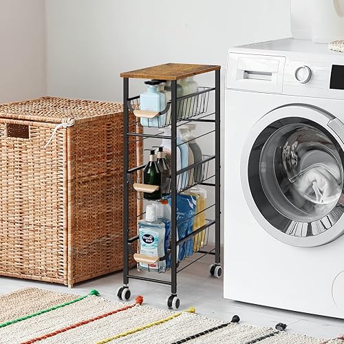 Miniatura 3 de SHINOSKE Carrito de almacenamiento delgado, carrito rodante estrecho de 4 niveles, con cesta de hierro extraíble, armario de almacenamiento delgado