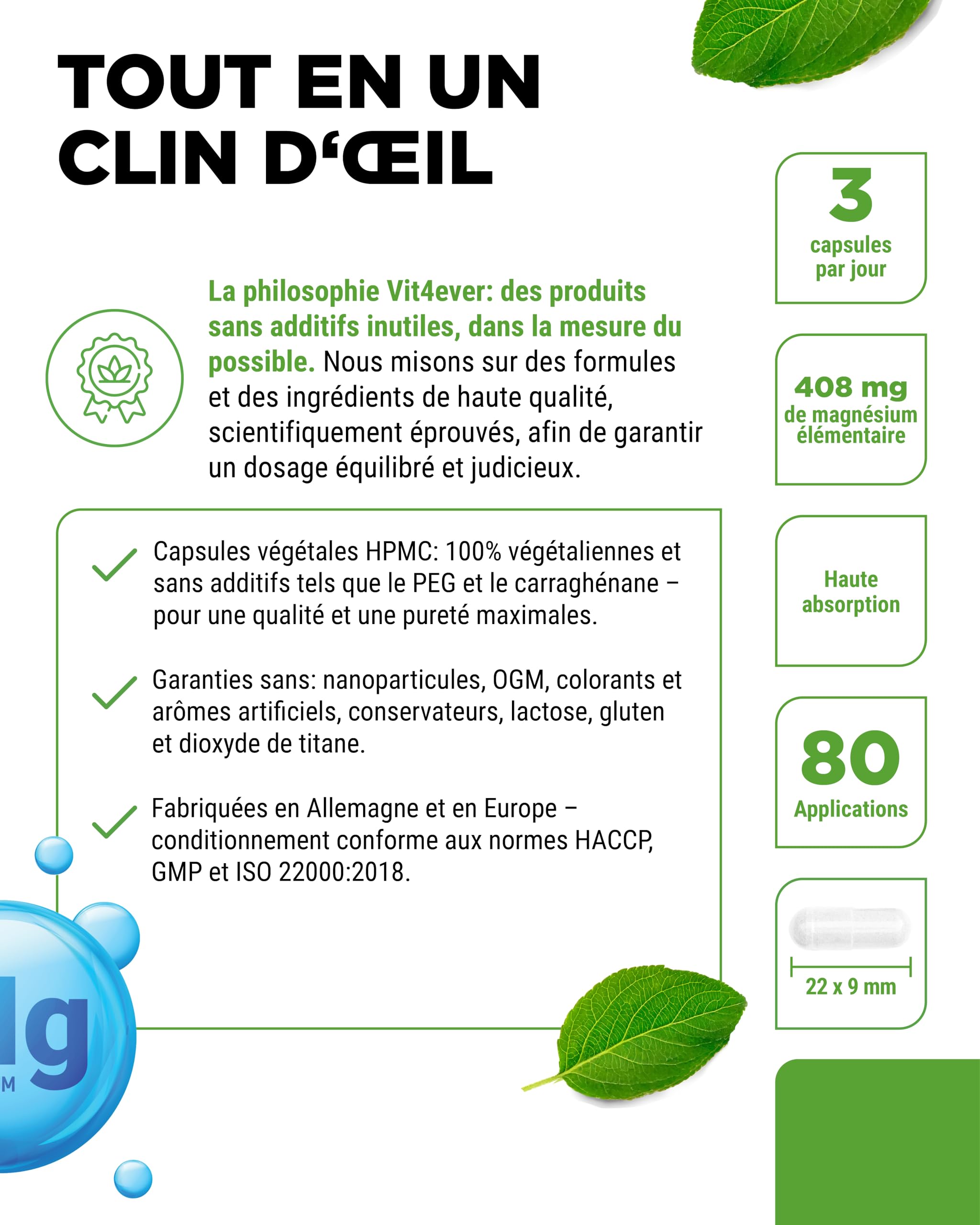 Complexe de Magnésium - 240 gélules - 11 composés de haute qualité - 408 mg de magnésium élémentaire par dose journalière - Hautement dosé - Vegan
