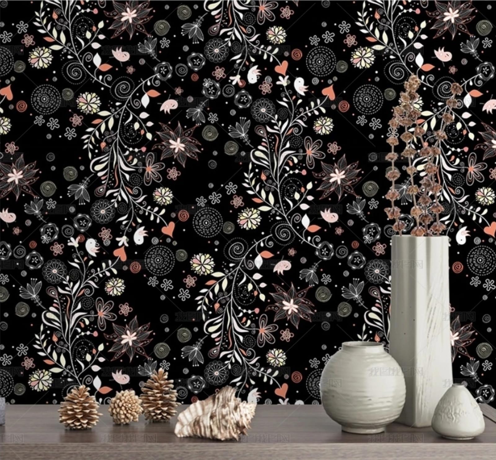 Papier peint autocollant floral noir 45x300cm en vinyle adhésif imperméable pour meuble