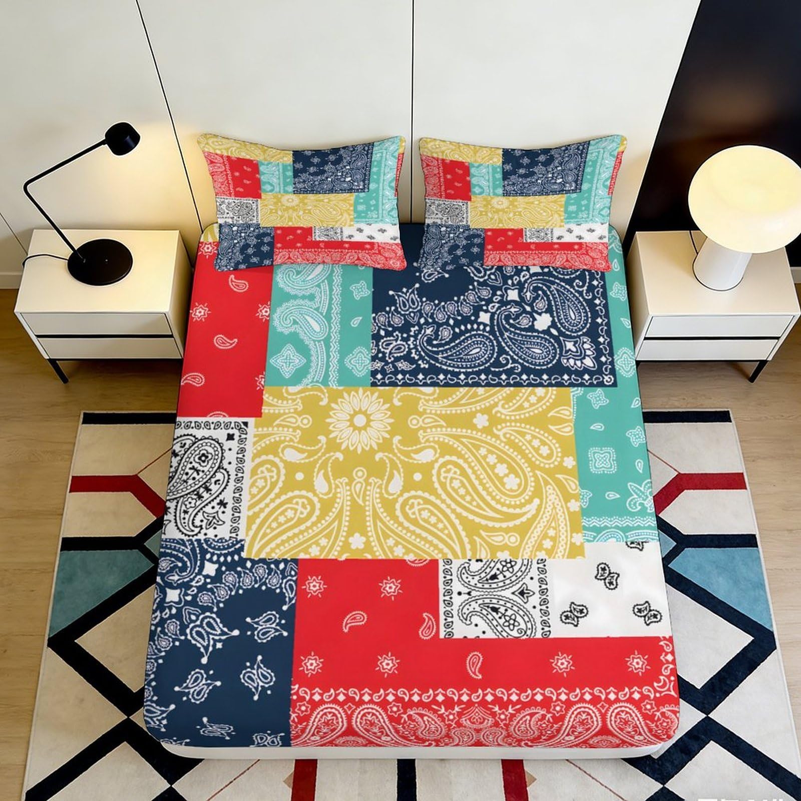 3D Printed Colorful Patchwork Fitted Sheet Microfiber Soft Breathable Paisley Bed Sheet with Mattress Cover for Bedroom Dormitory Guest Room Protection Decor 90x200x25cm