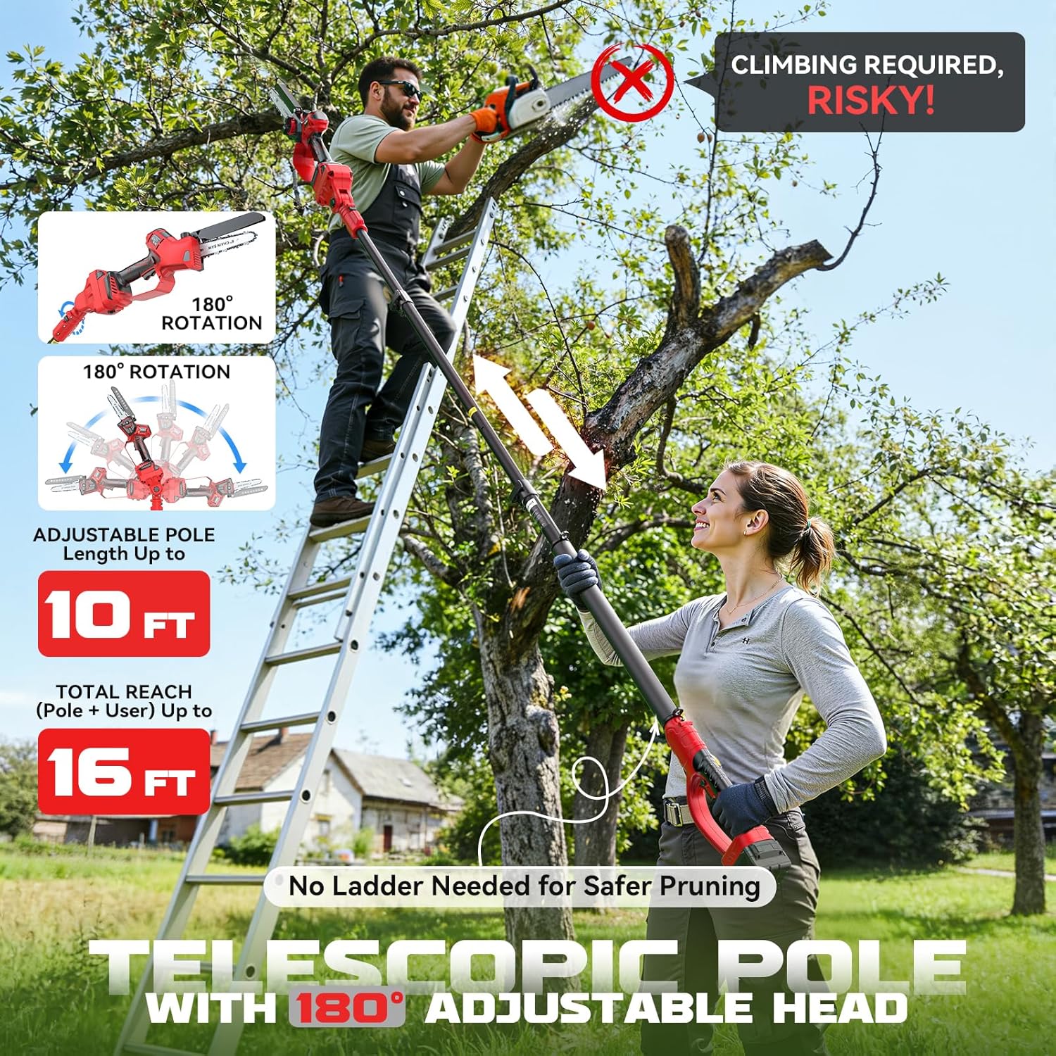 2-in-1 Electric Pole Saw Compatible with Milwaukee 18V Battery, 6 Inch Mini Chainsaw Brushless Tree Trimmer with Extension Pole, 16FT Max Total Reach, Tree Saw for Trimming Pruning (Tool Only)