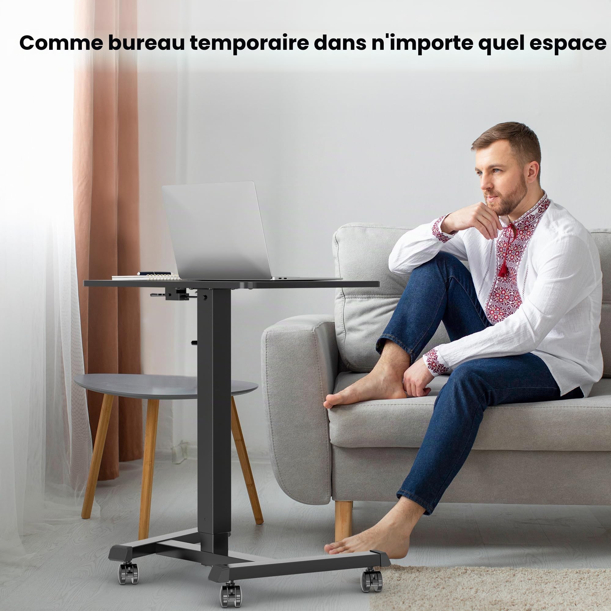 BONTEC Bureau Mobile Réglable en Hauteur, 65 × 45 cm, Table de Lit avec roulettes Verrouillables, Poste de Travail Assis-Debout pour Salon, Chambre, Bureau, Charge Maximale 15 kg, Noir