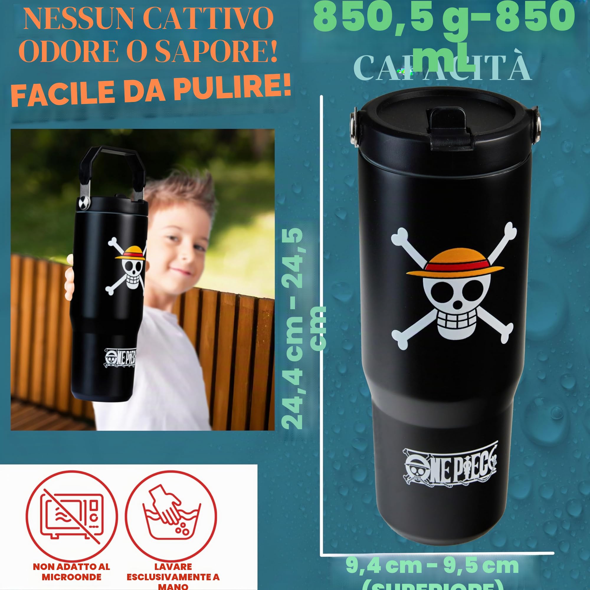 Get Trend One Piece Bicchiere Termico con Cannuccia e Maniglia, Metallo Tazza da Viaggio 850ml, Isolamento Termico Sottovuoto a Doppia Parete (Nero One Piece)