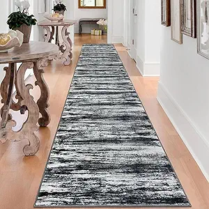 KOZYFLY Modern Abstract Washable Rug Runner 2.6x16 Hallway Rug Runner Non-Slip Soft Kitchen Runner Rugs, Black Navy Blue Grey Striped Carpet for Entryway Bathroom Laundry Room Foyer