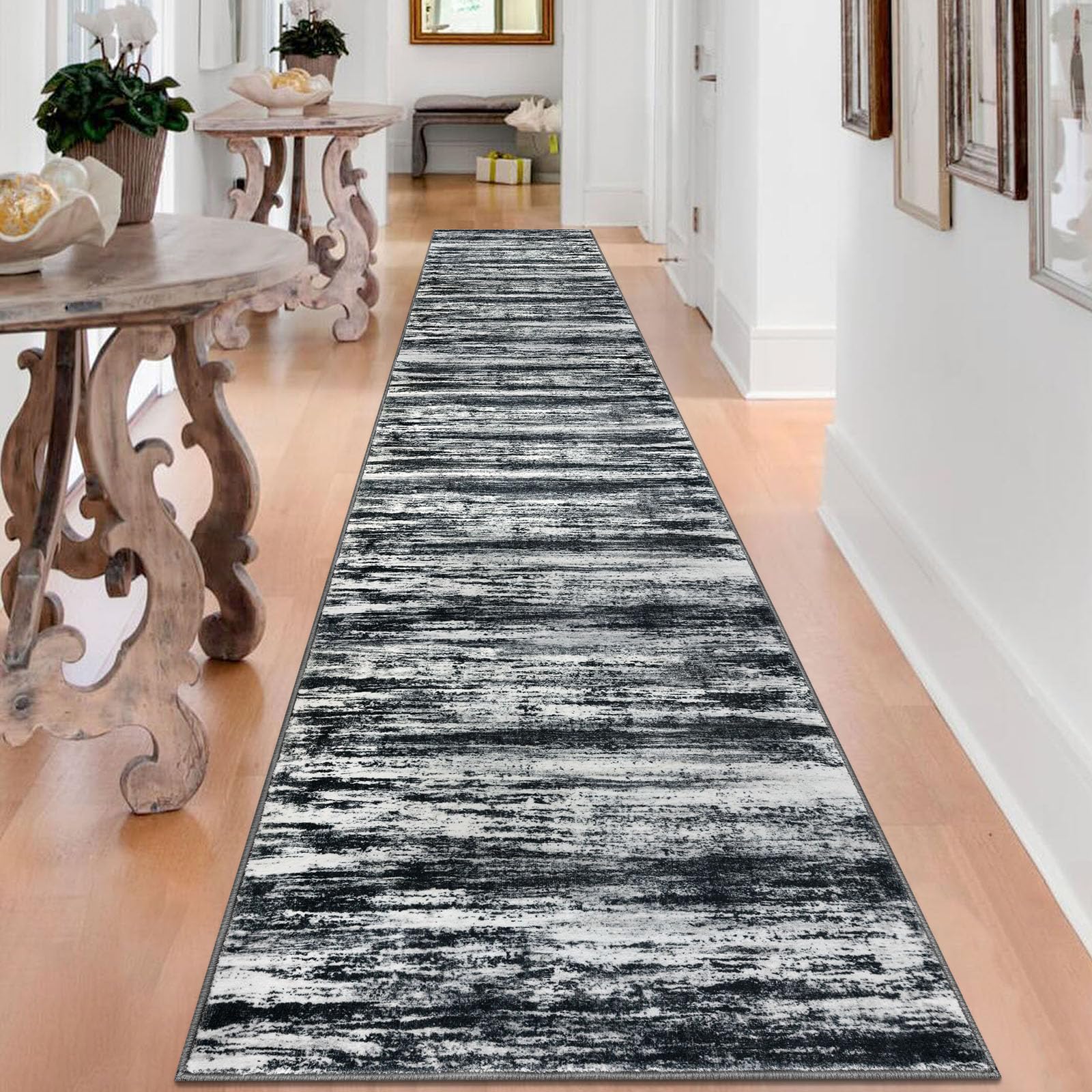 KOZYFLY Modern Abstract Washable Rug Runner 2.6x16 Hallway Rug Runner Non-Slip Soft Kitchen Runner Rugs, Black Navy Blue Grey Striped Carpet for Stair