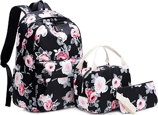 Backpack for Girls, Teen Backpacks Lightweight Kids Bookbags School Backpack with Lunch Box Pencil Case Travel Laptop Backpack Casual Daypacks Floral (Black)
