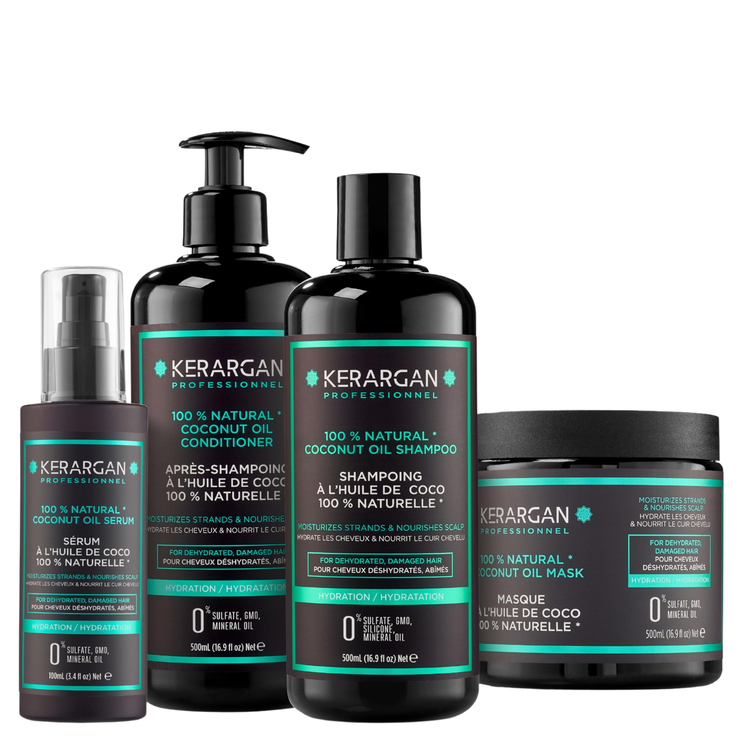 Kerargan - Set Idratante Shampoo, Balsamo, Maschera & Siero all’Olio di Cocco - Cura Completa per Capelli Disidratati, Danneggiati - Senza Solfati, GMO, Silicone - 3x500 ml + 100ml | Shampoo, balsamo, maschera e siero al cocco, routine completa per idrata