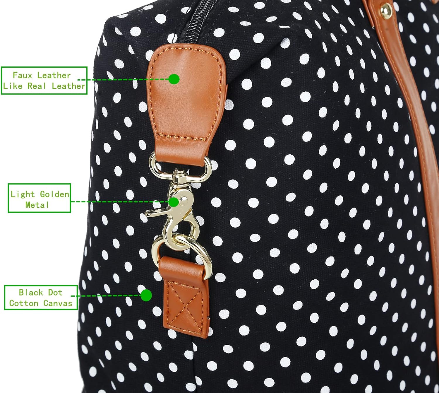 review BAOSHA Women Canvas Travel Weekender Bag Overnight Carry-on Shoulder Duffel Tote Bag (Black Dot)