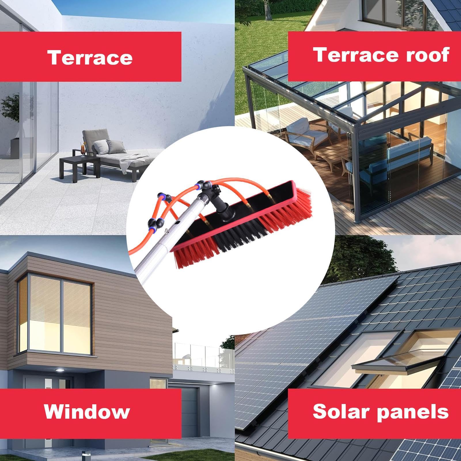 Kit de limpieza de paneles solares, limpieza de paneles solares, limpiador de cepillos ajustable, para ventanas altas, kit de limpieza con cabezal de cepillo giratorio, manguera de 20 m para placa