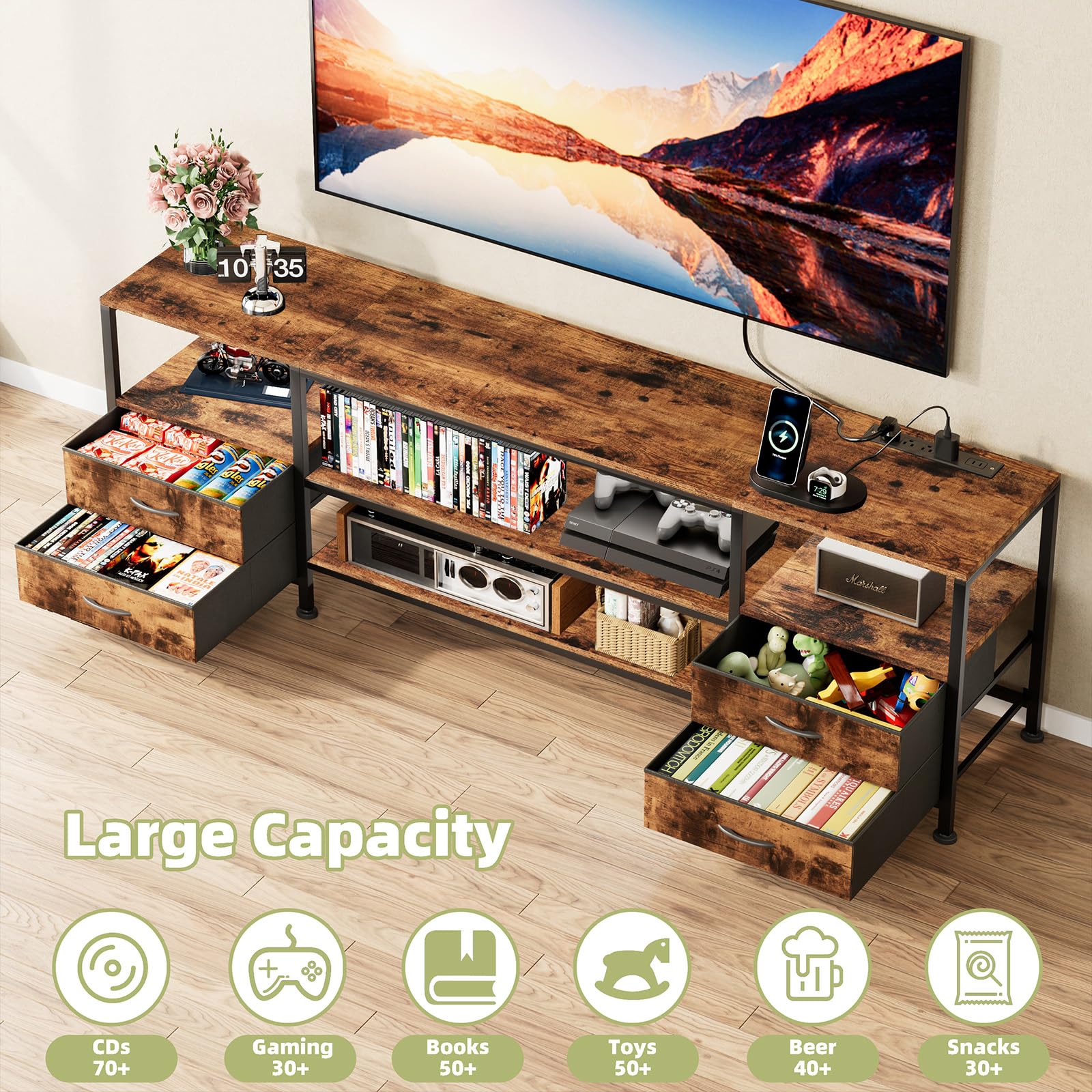 Mobile TV con Luci LED, 2 Porte USB e 4 Prese, Supporto TV fino a 70 Pollici, 4 Cassetti e 4 Scomparti, Struttura in Acciaio, 160x63x40 cm, per Soggiorno e Camera da Letto, Marrone Rustico