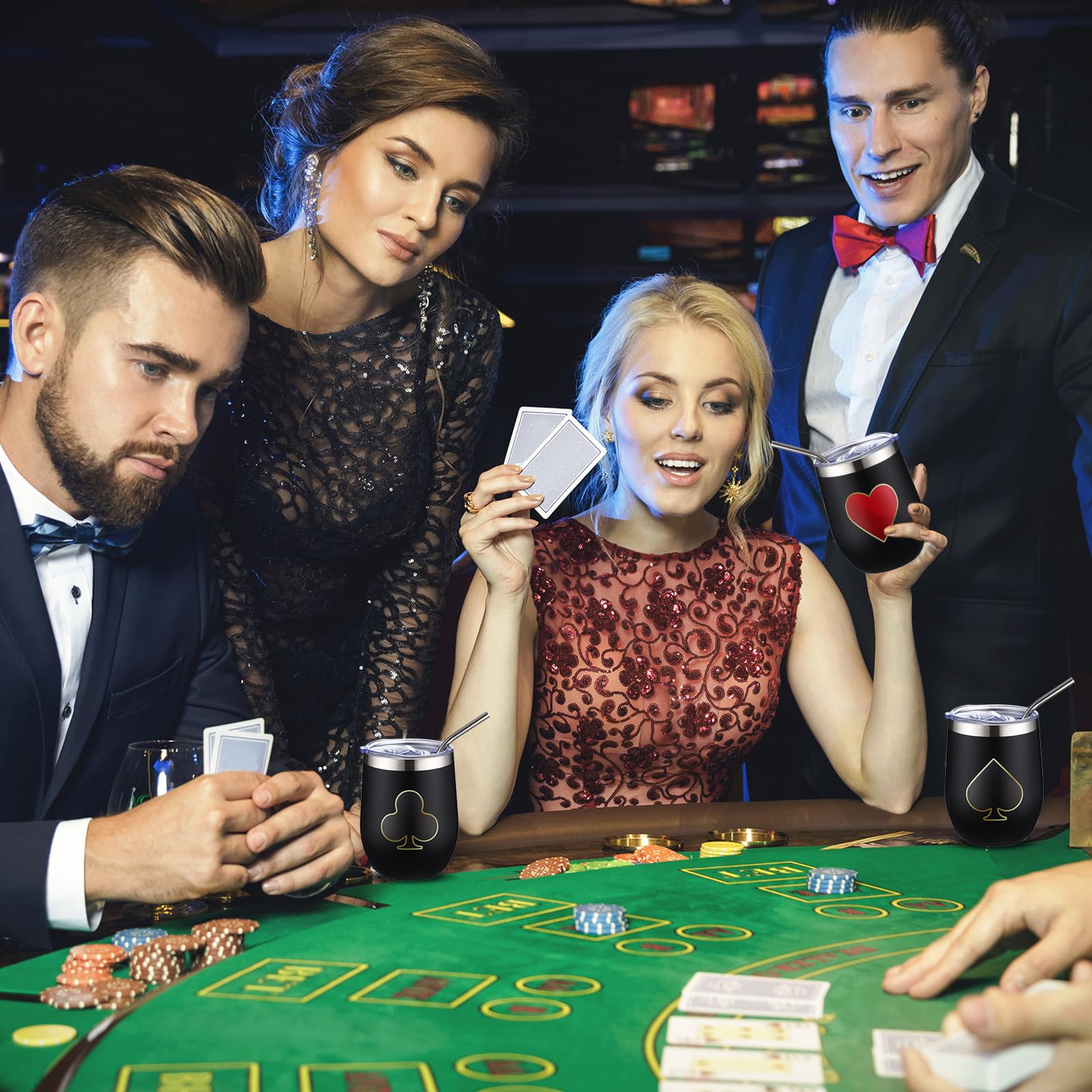 4 Pcs Casino Party Cups Pokers Glasses Stainless Steel Wine Tumblers with Lid and Straw 12 oz Casino Theme Party Decorations Poker Gifts Favors Set for Grad Birthday Game Night(Poker)