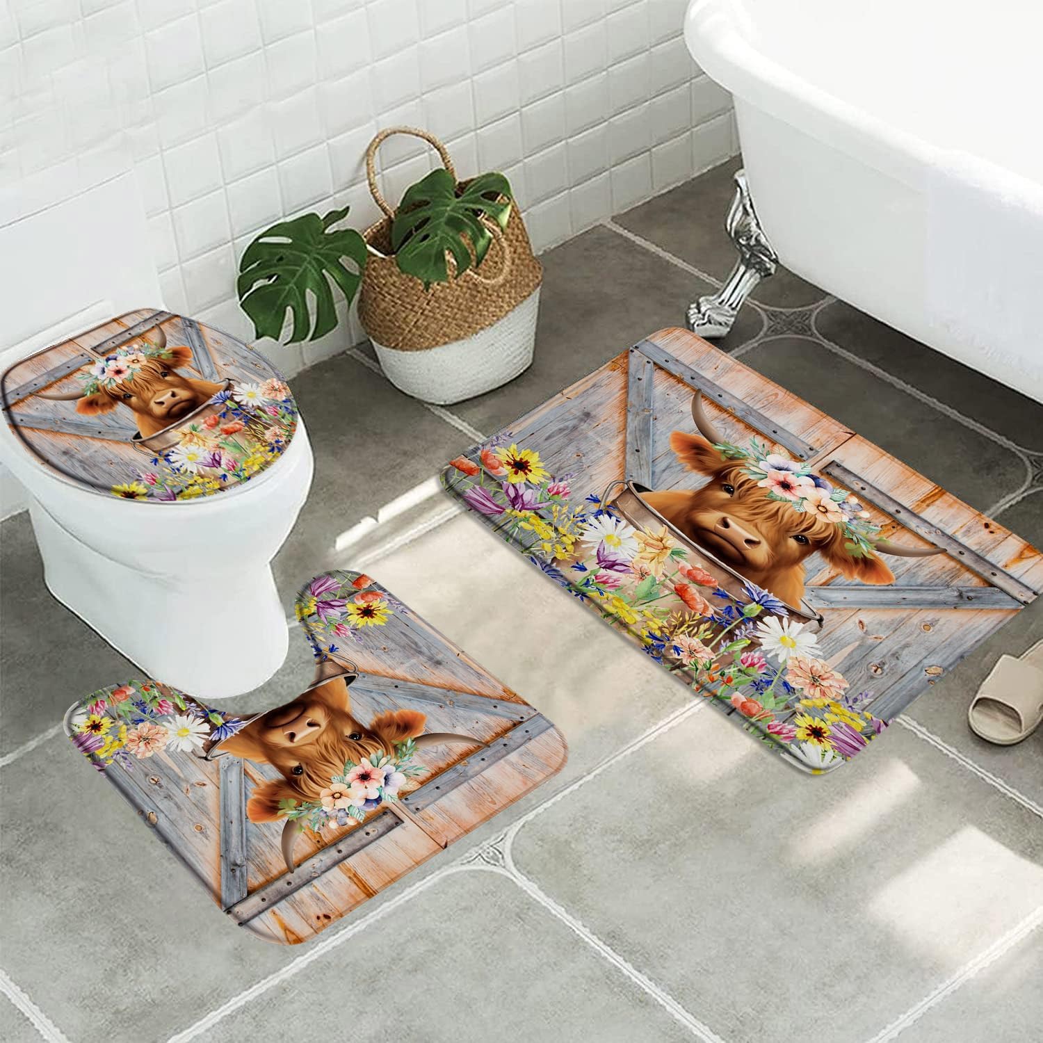 3pcs Farmhouse Highland Cow Bathroom Sets with Non-Slip Rug,Toilet Lid Cover and Bath Mat,Spring Colorful Wildflower Funny Baby Bull Bucket on Barn Door Wooden Bathroom Carpet Bath Mat Toilet Rugs…