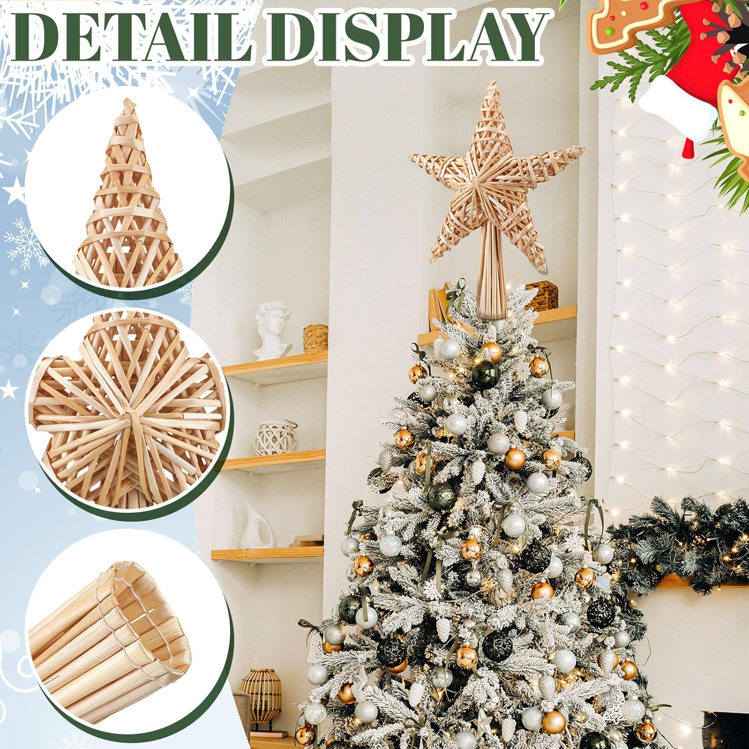 Christmas Straw Star Tree Topper 10 x 12 in Scandinavian Tree Topper Straw Ornaments Swedish Nordic Boho Tree Topper Xmas Tree Decor for Office Home Indoor Desktop Adults Natural Rustic Decor