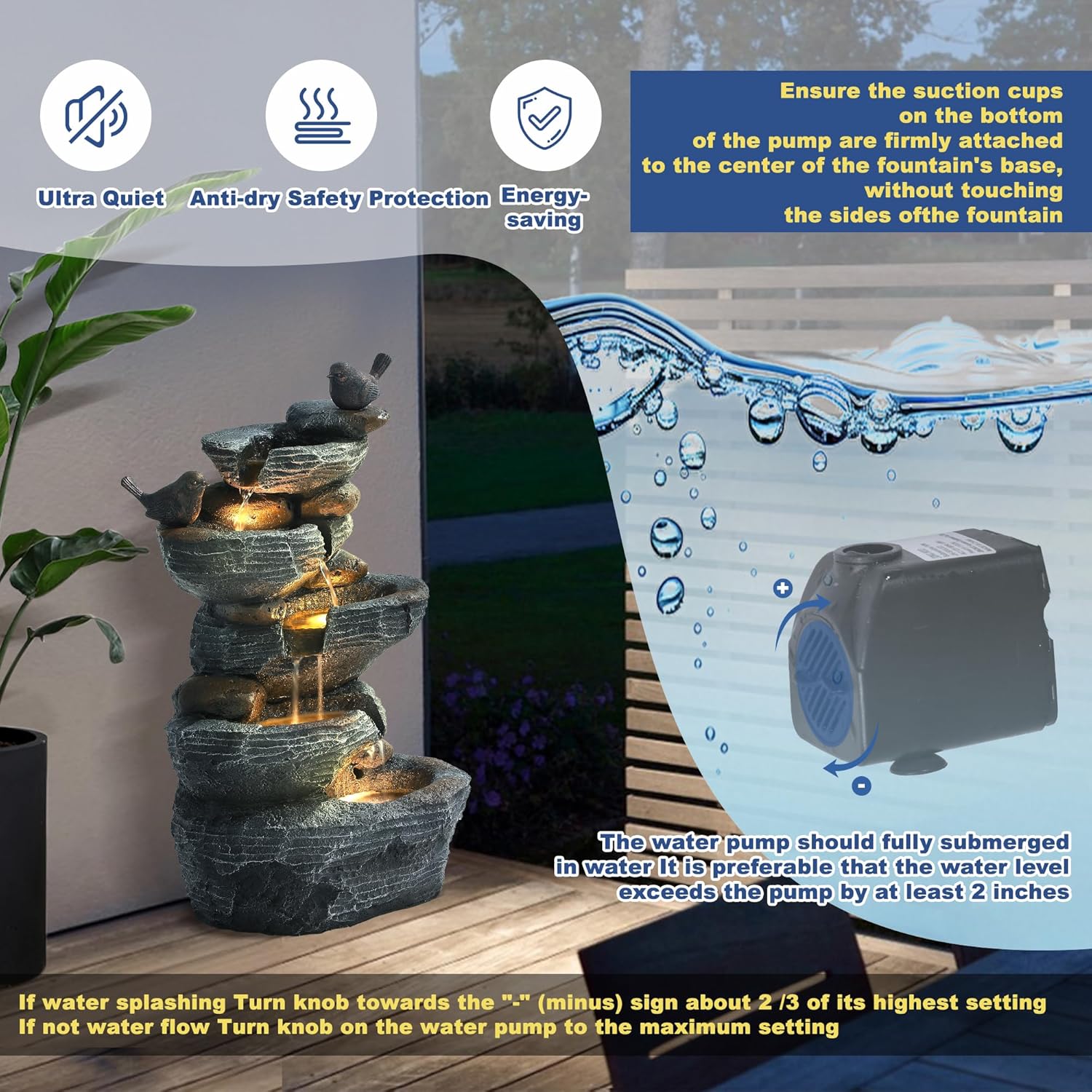5-Tiers Cascading Rock Outdoor Water Fountain, Garden Freestanding Birds Waterfall Fountains Outdoor with LED Lights Birds Decor, Stacked Stone Outdoor Fountains for Garden Patio Porch, 26" H