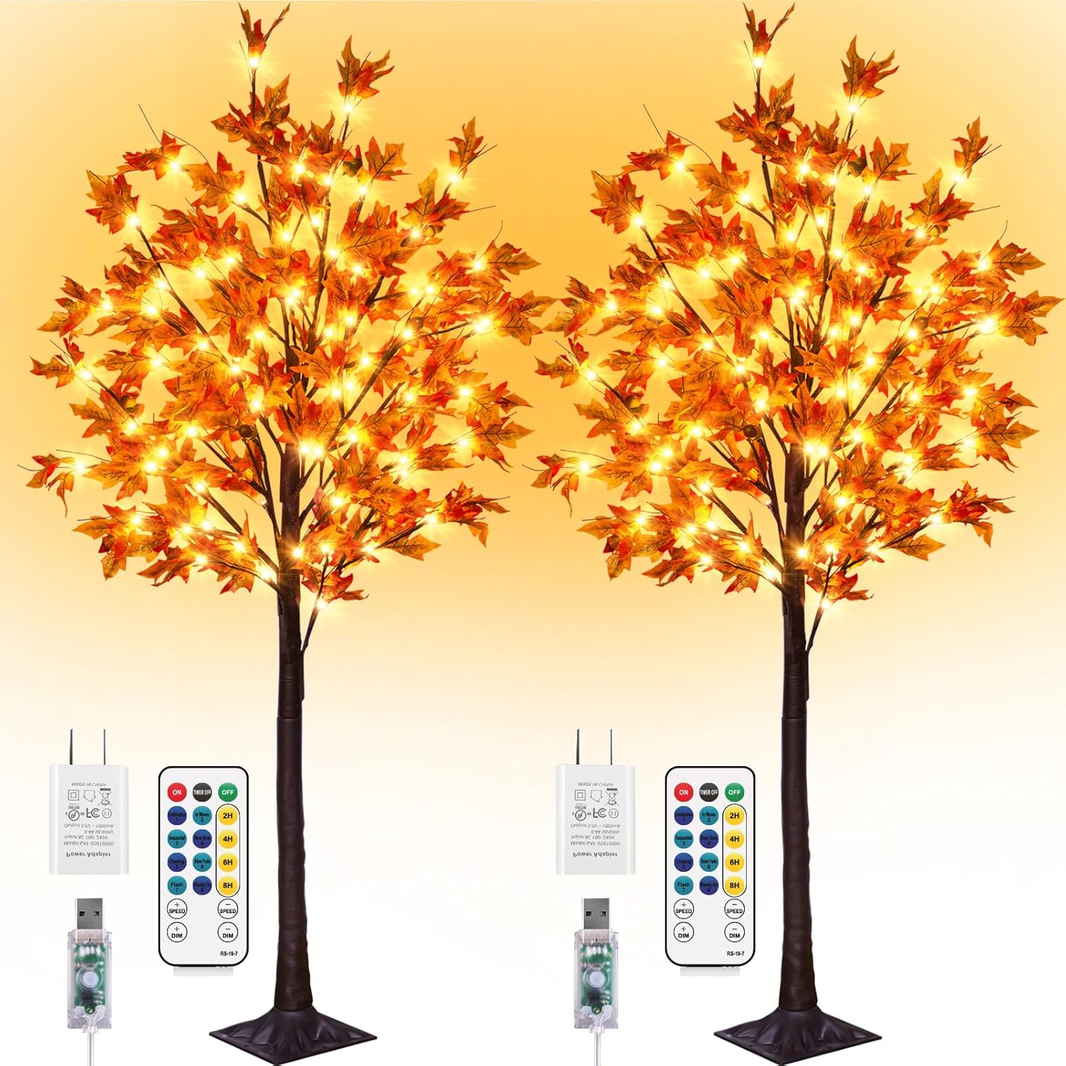 2 Pack 5FT 90LED Fall Maple Tree Light - Thanksgiving Decor Artificial Tree with 9 Acorn, Remote 8 Flashing Modes, Timing, DC 5V Safe for Wedding Party Outdoor Decor 5ft-90lights-2pack