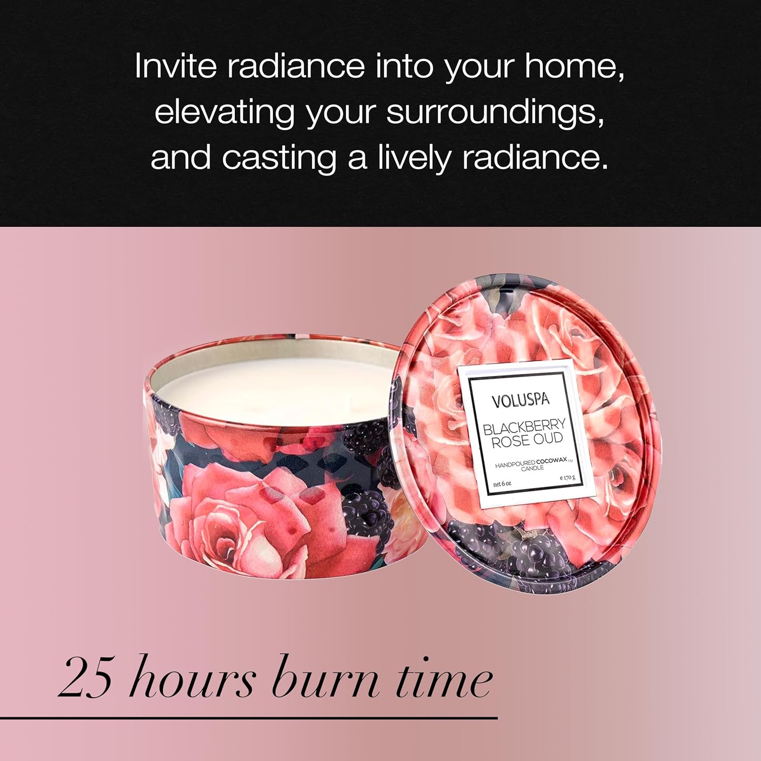 Voluspa BlackBerry Rose Oud, 2 Wick Tin Candle, 8 oz, 25 Hour Burn Time, Coconut Wax for Clean Burning, Handcrafted in The USA - Image 5