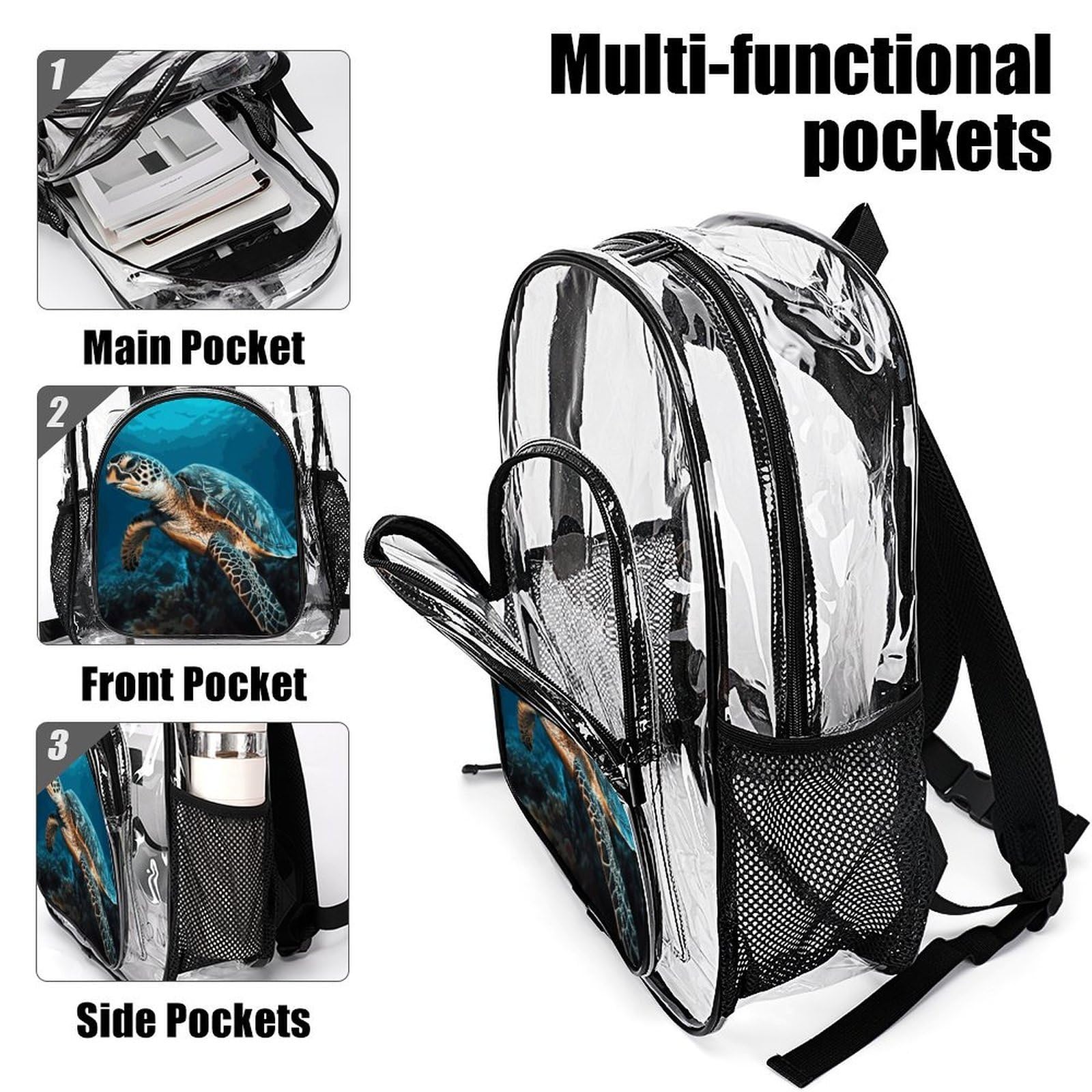 Sea Turtle2 Transparenter Rucksack, groß, transparent, PVC, Büchertasche für Sicherheit, Arbeit, Reisen, Stadion