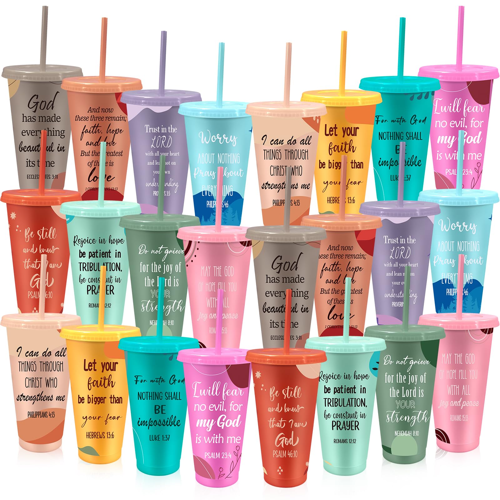 MSYU 24 Pcs Reusable Plastic Tumbler 710 ml Plastic Cups with Lid and Straw Party Favors Water Bottle Coffee Mug for Party Supplies Birthday Themed Favor Classroom Exchange Gifts - Bible Verse