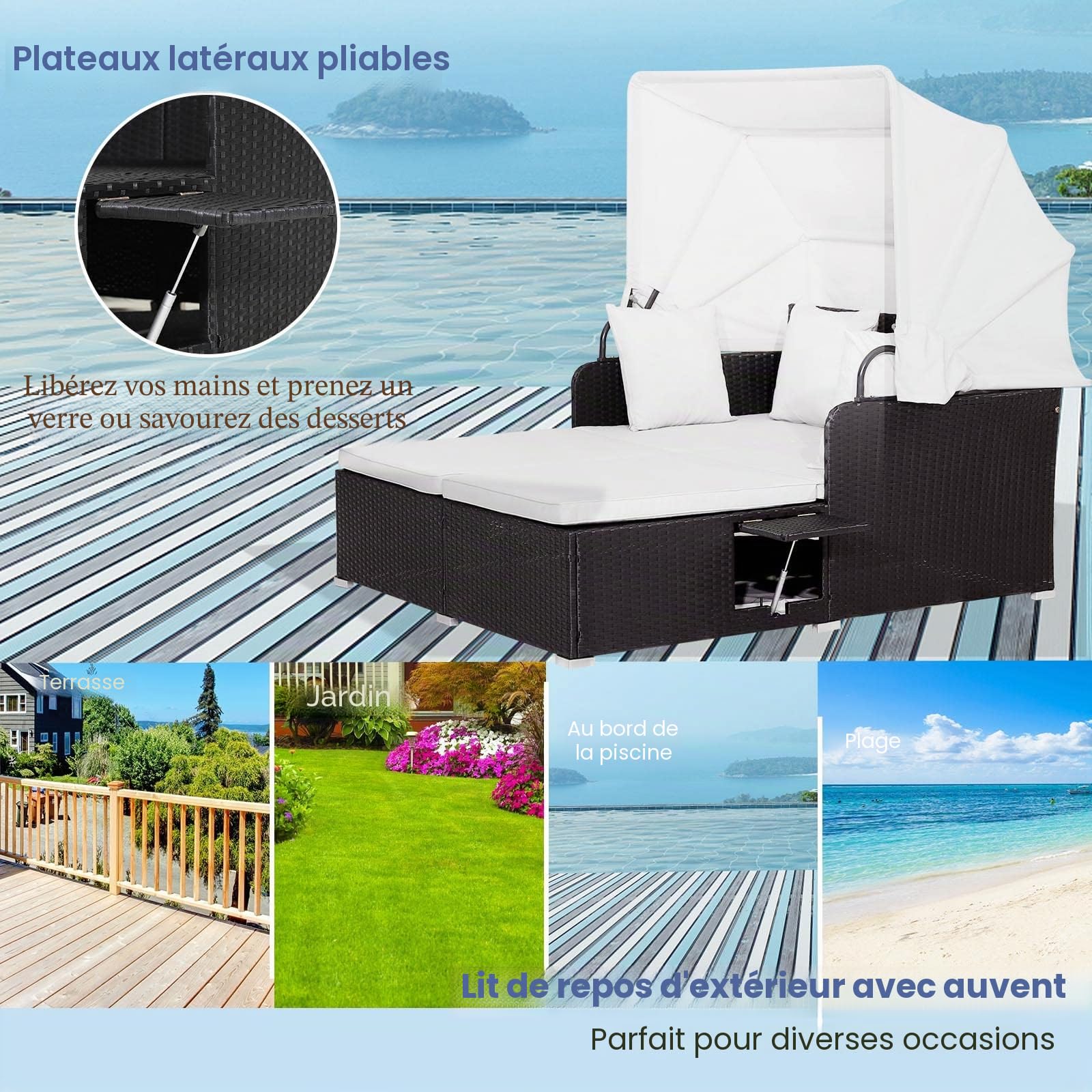 LIFEZEAL Chaise Longue Bain de Soleil à 2 Places, Canapé-lit de Jardin Extérieur avec Pare-Soleil, Transat en Rotin PE avec Coussin et Petite Table Basse, Charge de 360 KG, Blanc et Noir