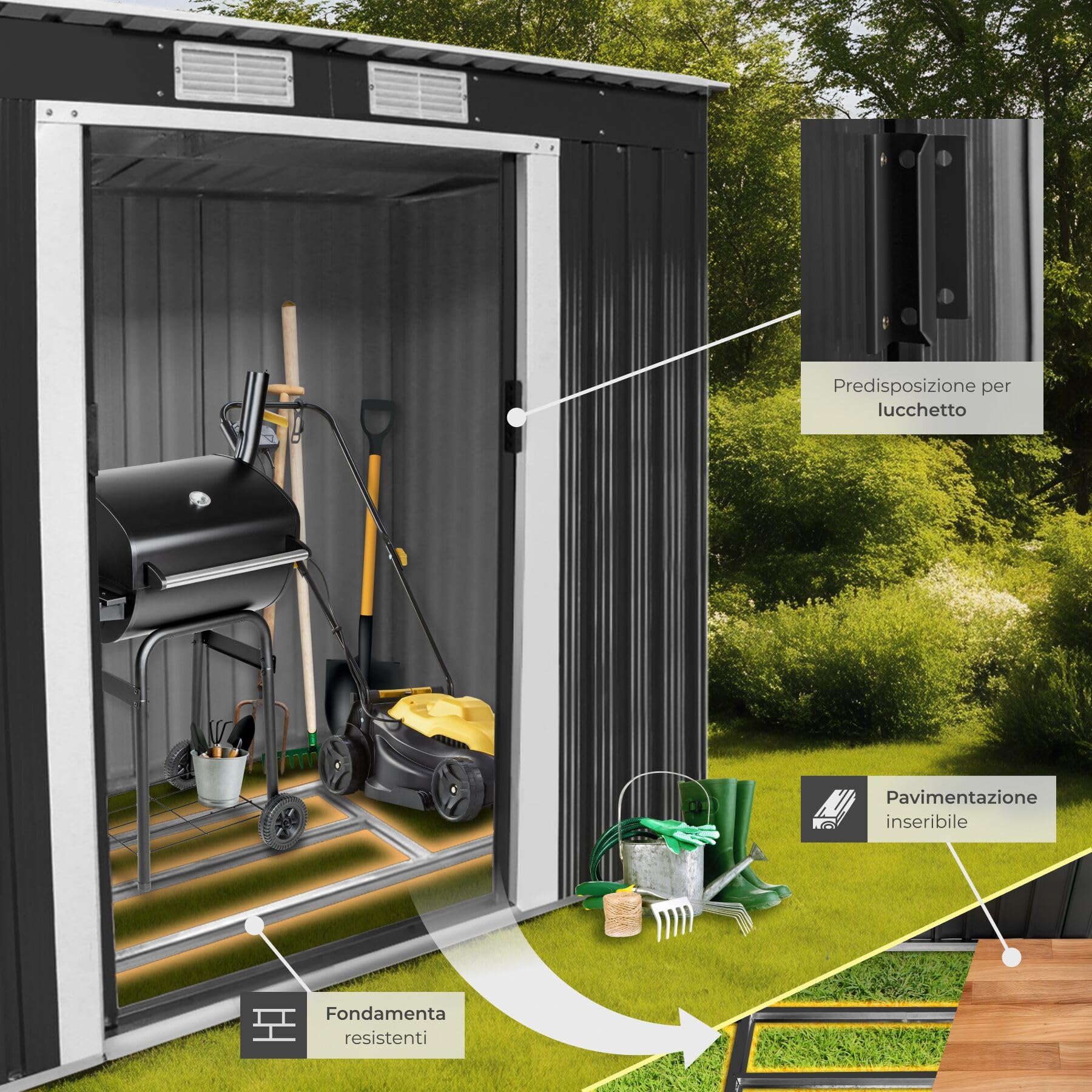 tectake® Casetta da Giardino in Lamiera, Box con Tetto Inclinato, Box da Giardino per Esterno con Porta Scorrevole, Lamiera in Acciaio, Fondamenta in Metallo - Grigio/Bianco