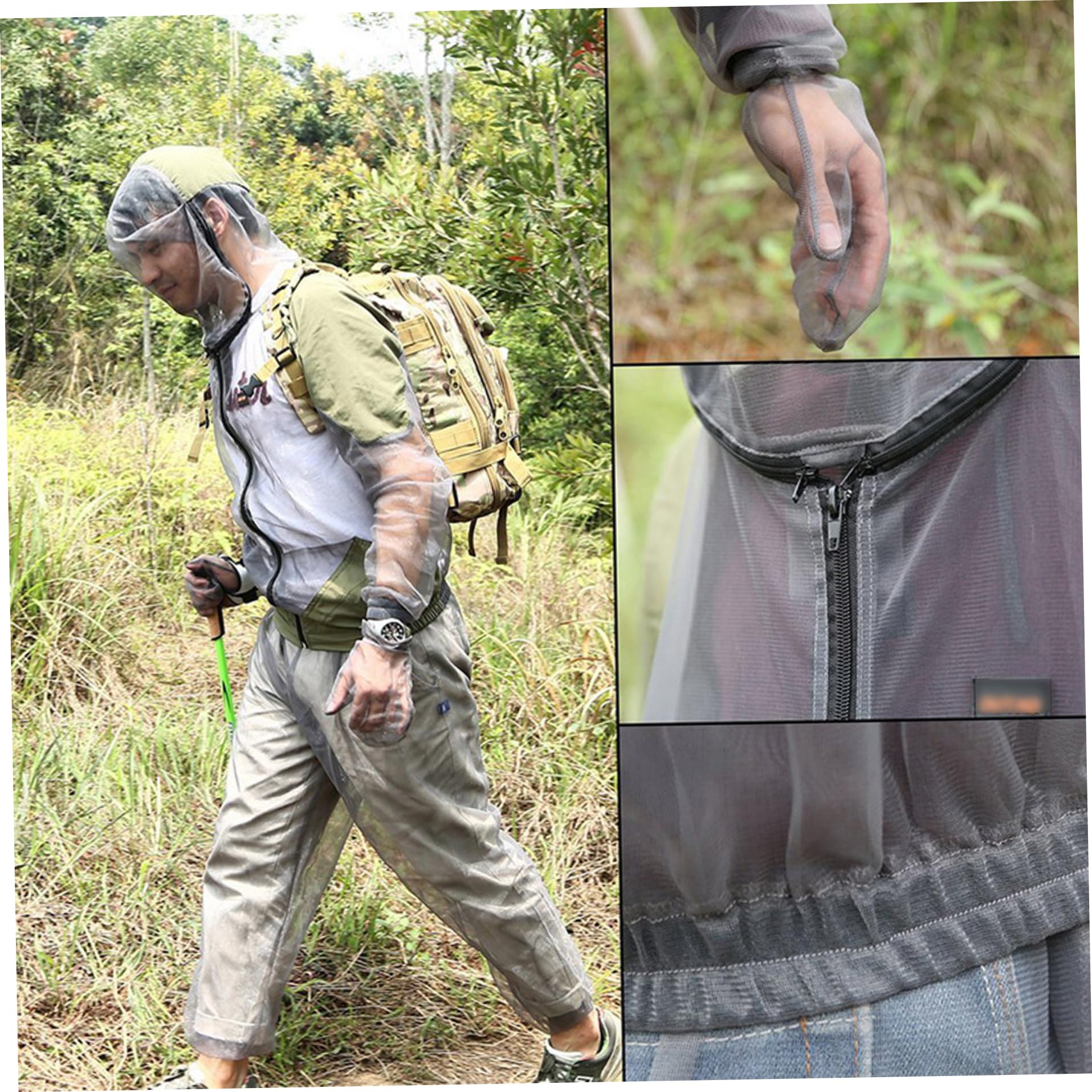 Mosquito traje para hombres mujeres 1 set translúcido transpirable anti -mosquito ropa con chaqueta con cremallera capucha y pantalones y guantes ropa de malla liviana.
